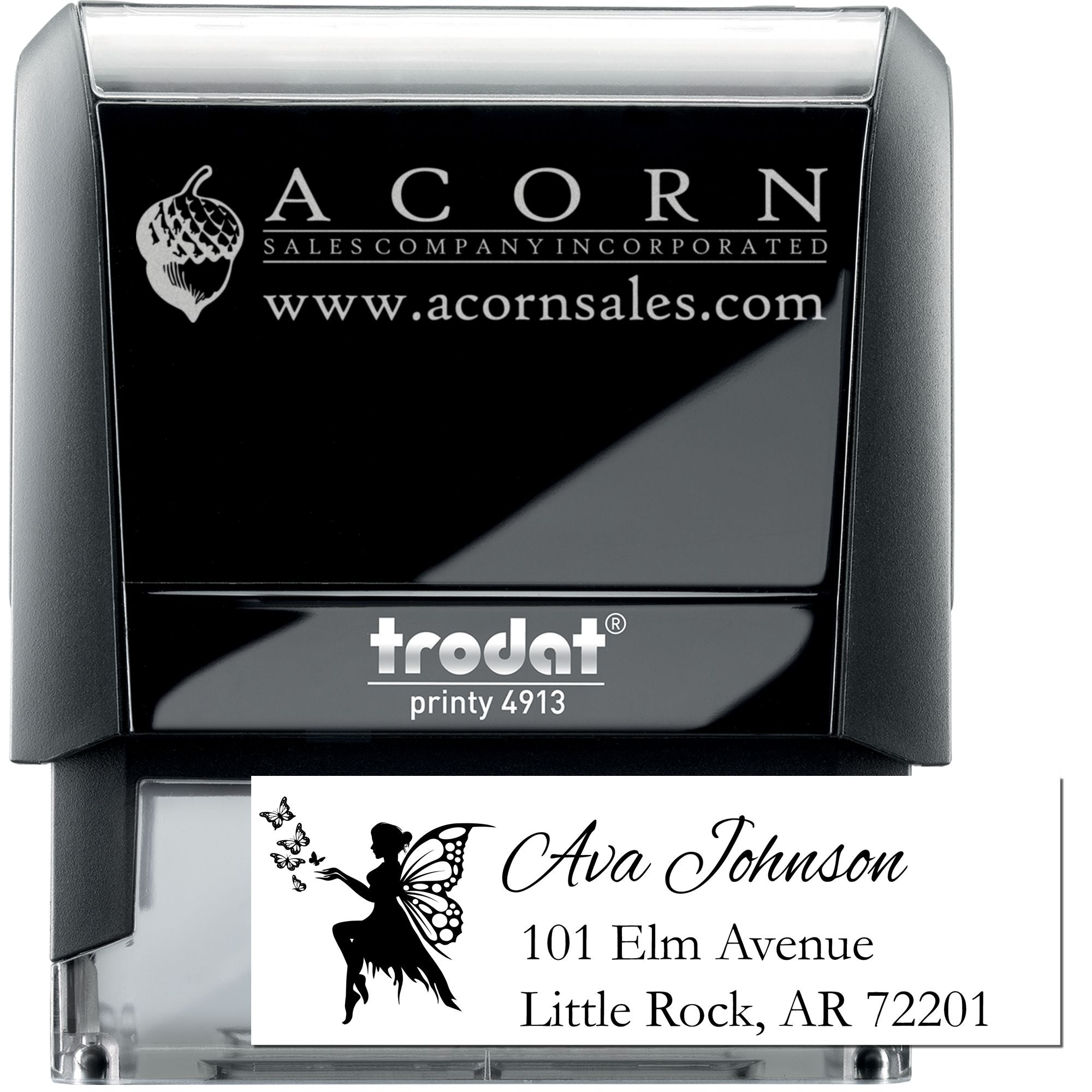 Custom self-inking rubber stamp with business logo and address, Trodat Printy 4913 for personalized mailing and branding.