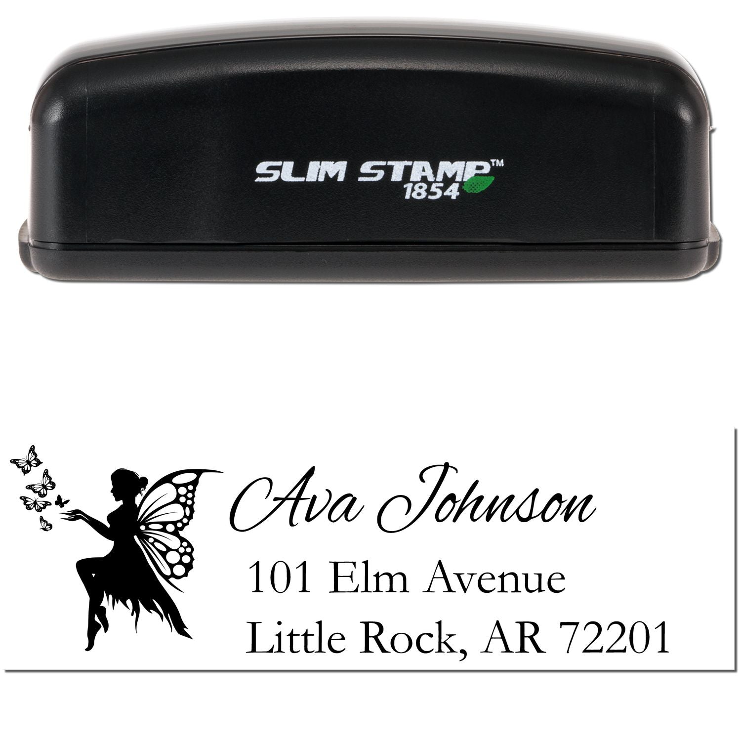 Slim Stamp 1854 self-inking personalized address rubber stamp with butterfly fairy design for Ava Johnson, Little Rock AR