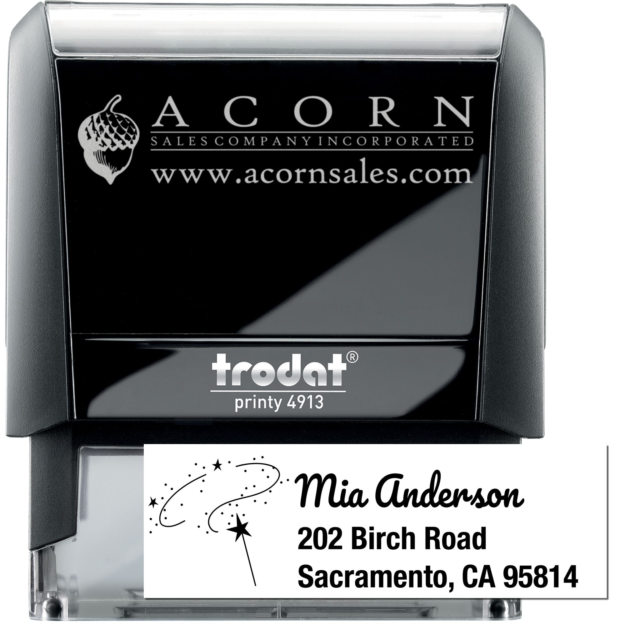 Trodat Printy 4913 custom self-inking rubber stamp with company logo and return address for business branding.