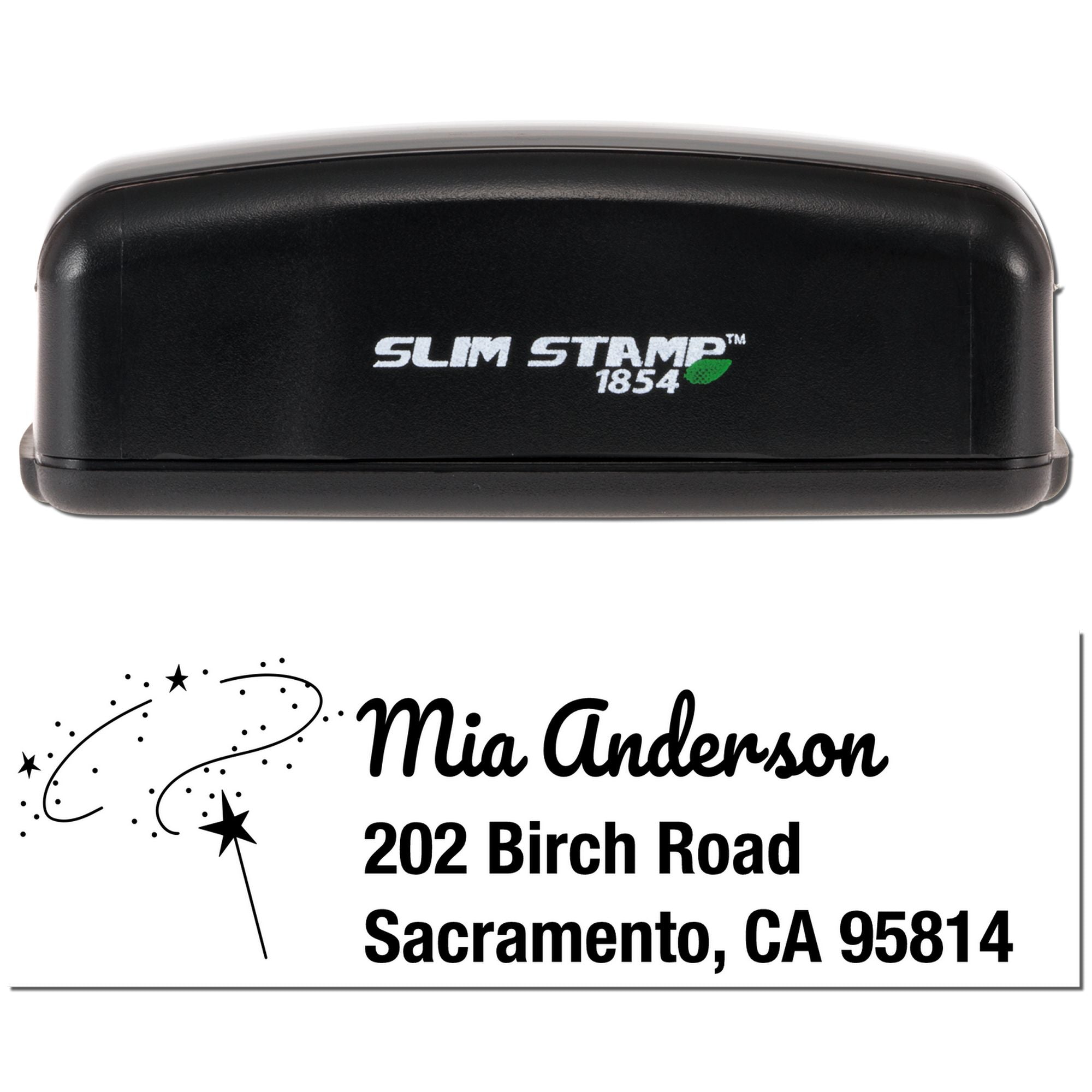 Custom self-inking rubber address stamp with name Mia Anderson and Sacramento, CA mailing address.