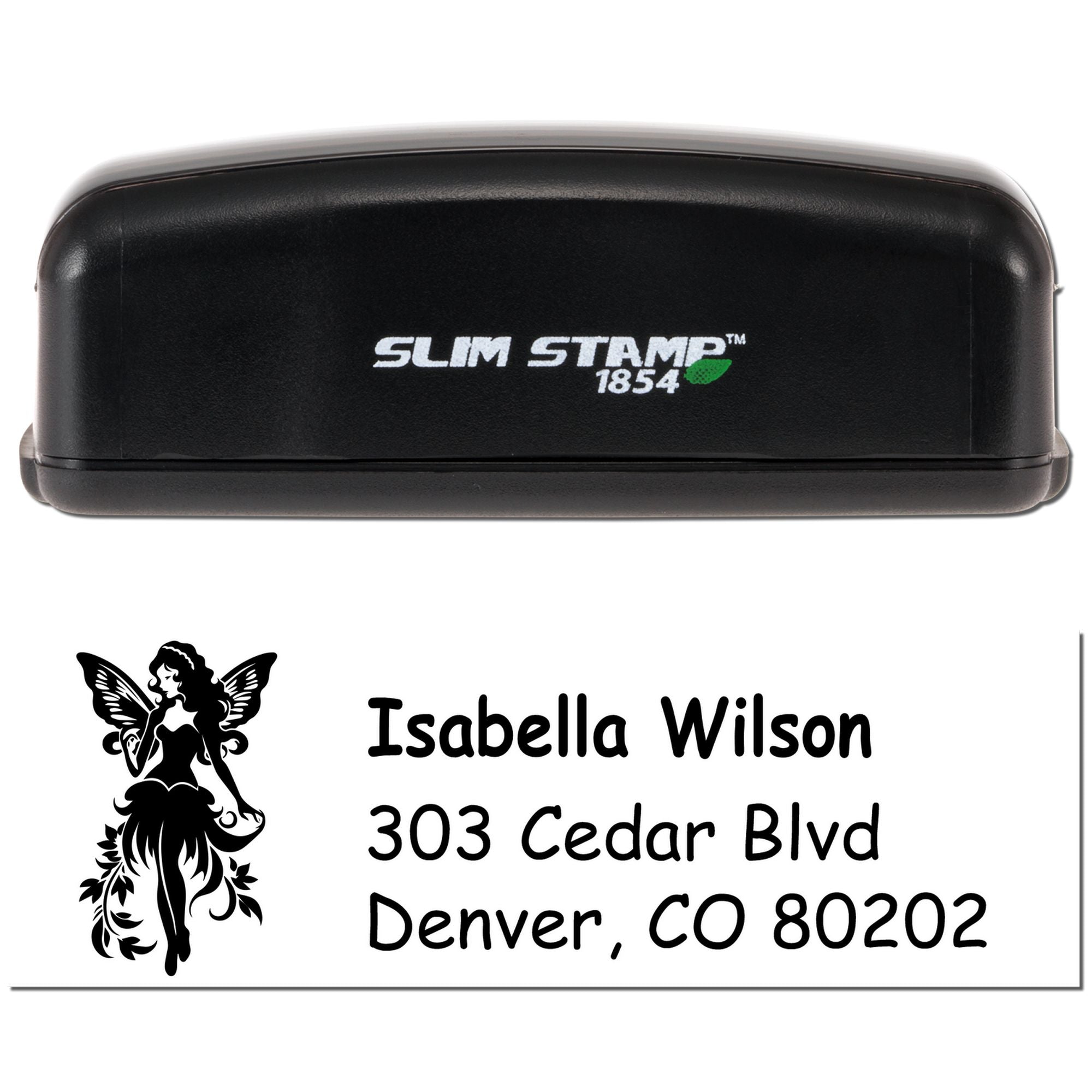 Personalized self-inking address rubber stamp with fairy design and Slim Stamp 1854 case for custom mailing labels.