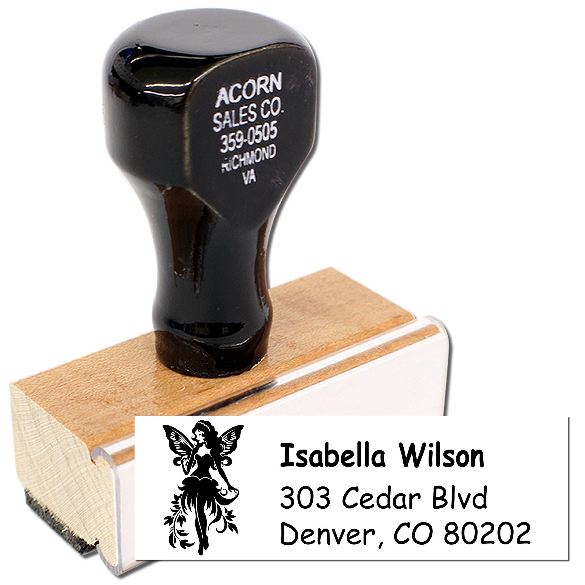 Personalized rubber address stamp with fairy design for mailing labels and business correspondence.