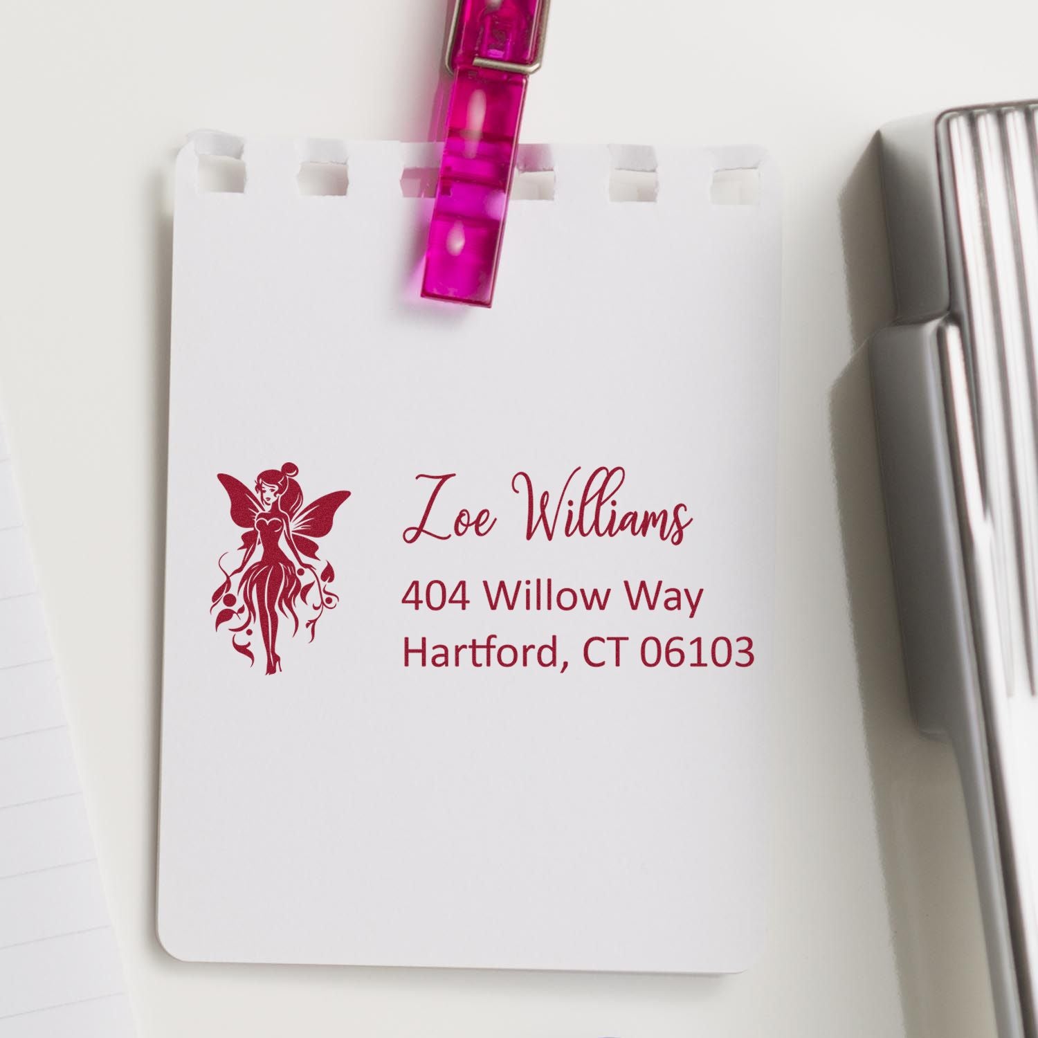 Personalized fairy return address rubber stamp with name and Hartford, CT mailing address for custom stationery and envelopes.