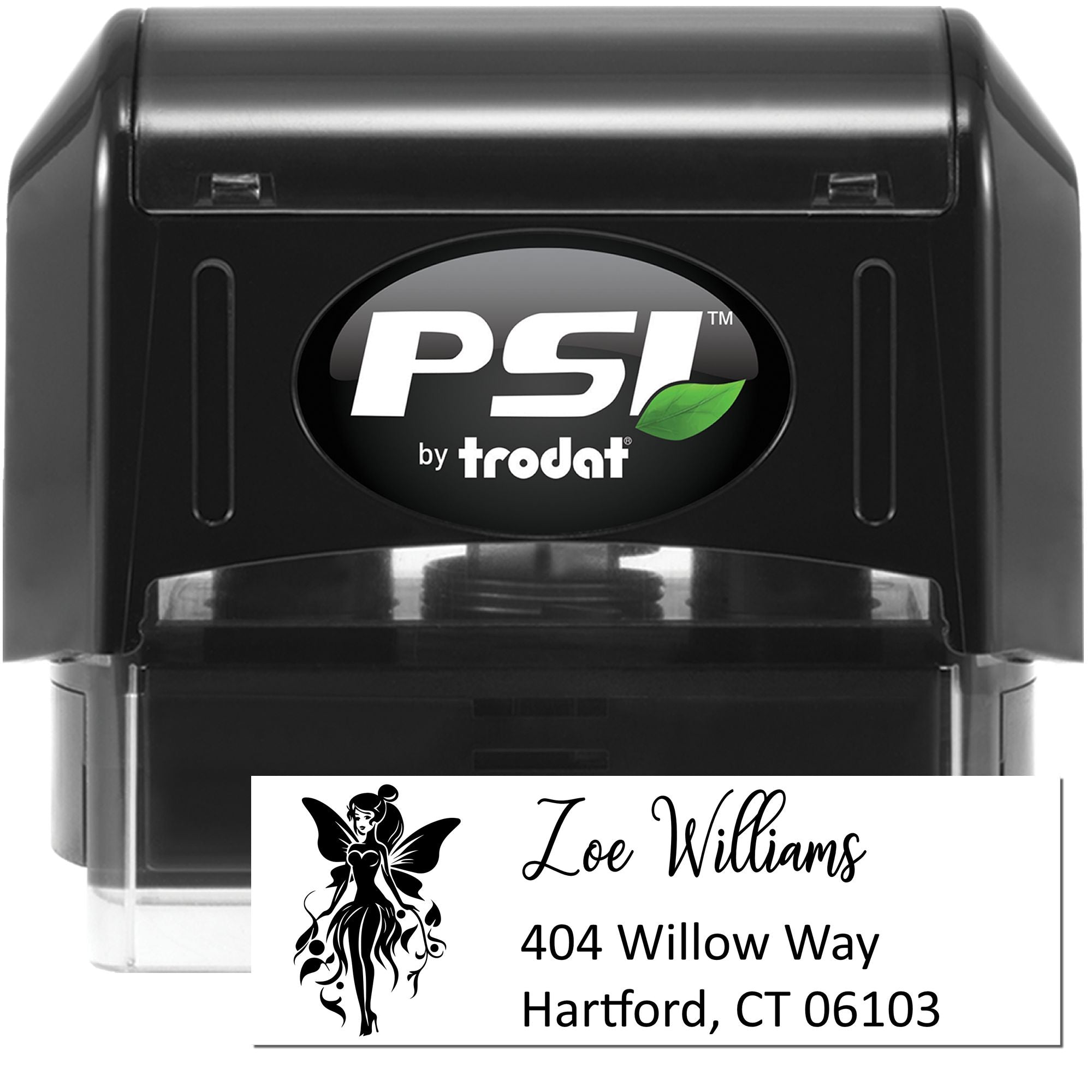 PSI by Trodat self-inking custom address rubber stamp with fairy artwork for personalized return address labels.