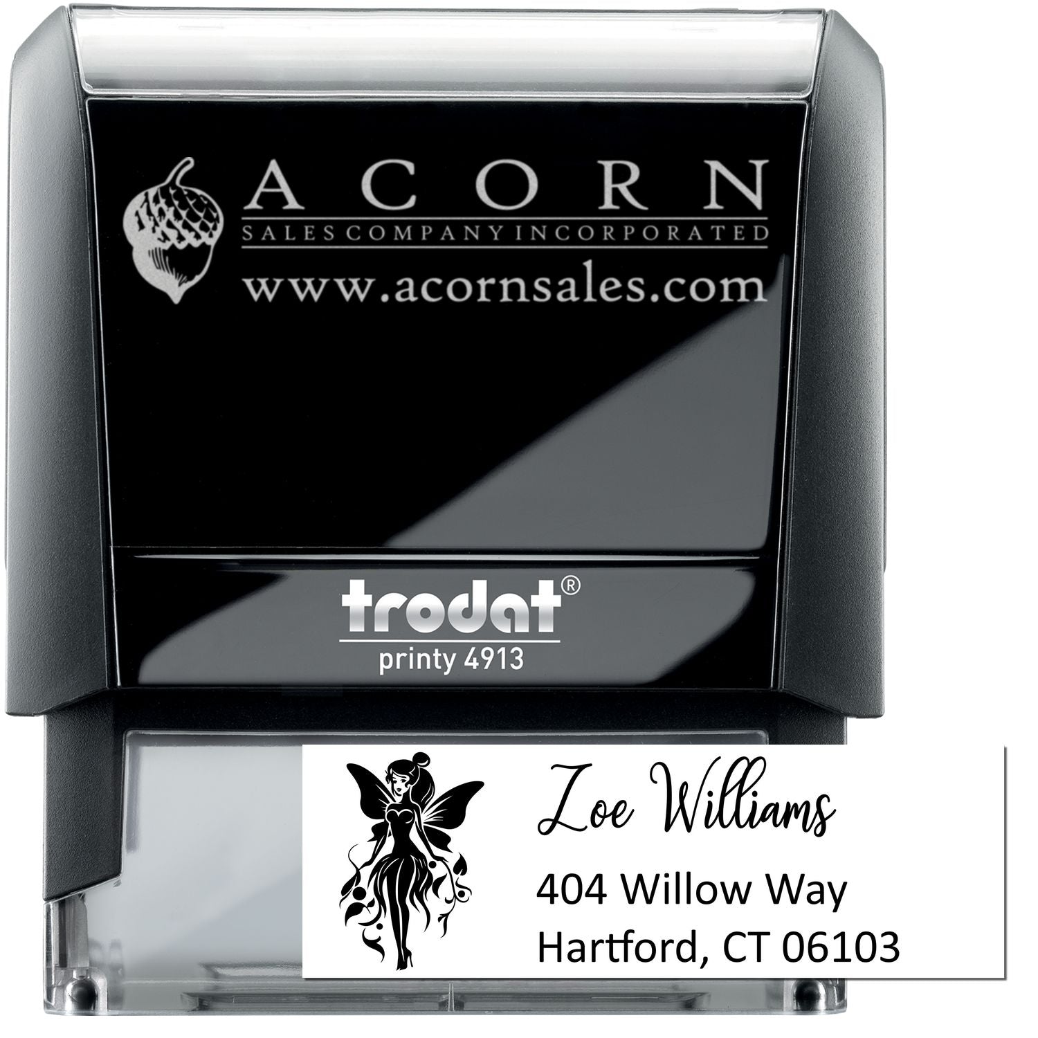 Custom self-inking rubber stamp with business logo and personalized address stamp insert, ideal for mailing and branding.
