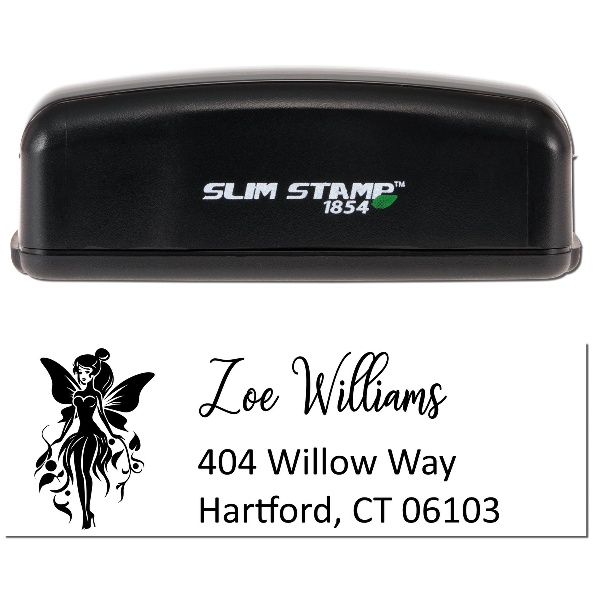 Slim Stamp 1854 custom self-inking rubber stamp with fairy design and return address for Zoe Williams, Hartford CT 06103