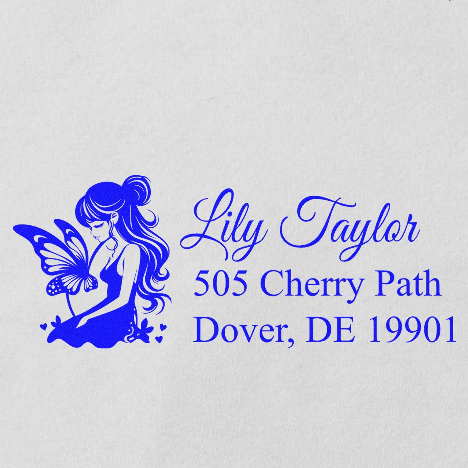 Custom address rubber stamp with fairy logo for Lily Taylor, Dover, DE 19901.