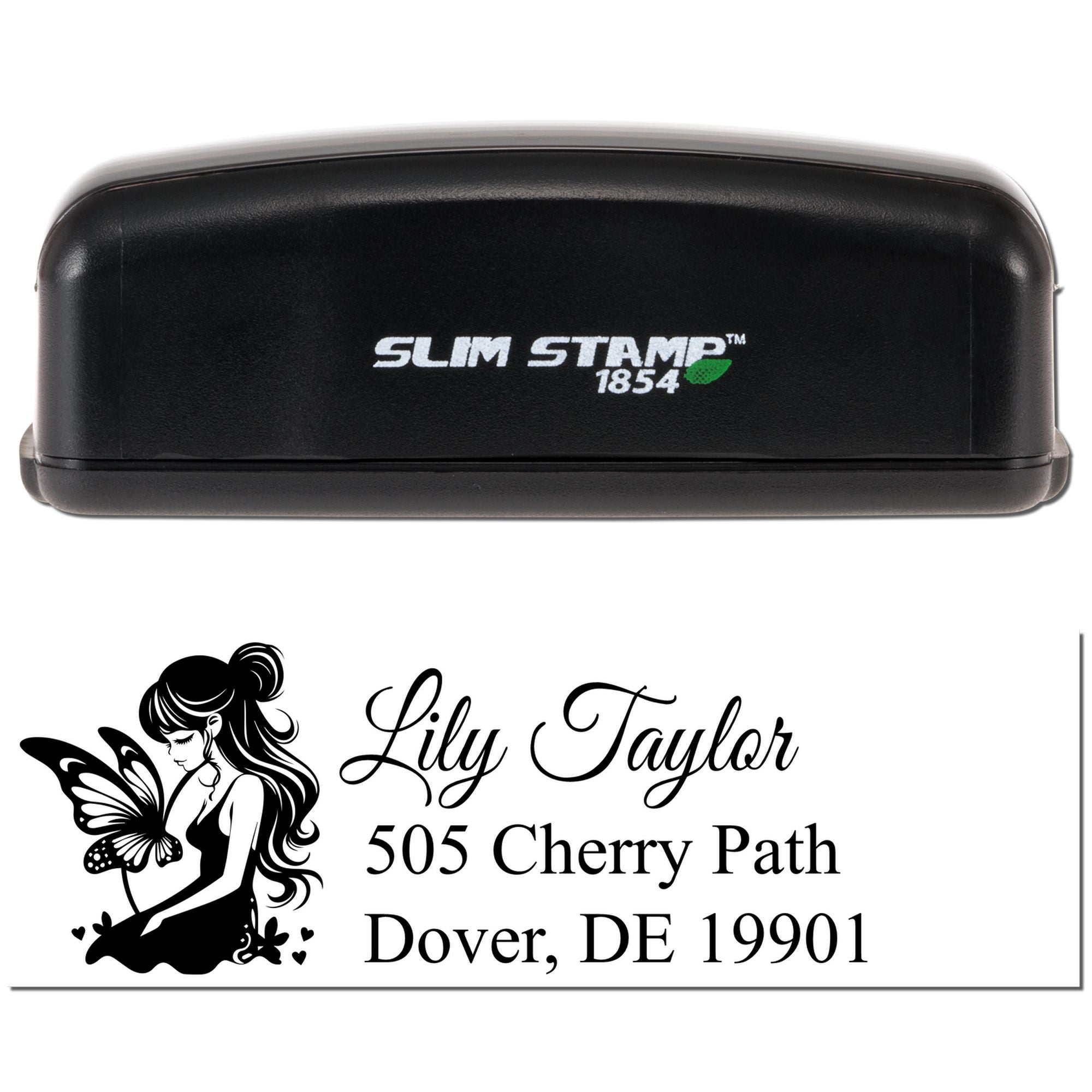 Slim Stamp 1854 self-inking rubber stamp with custom name and address design featuring fairy butterfly artwork.