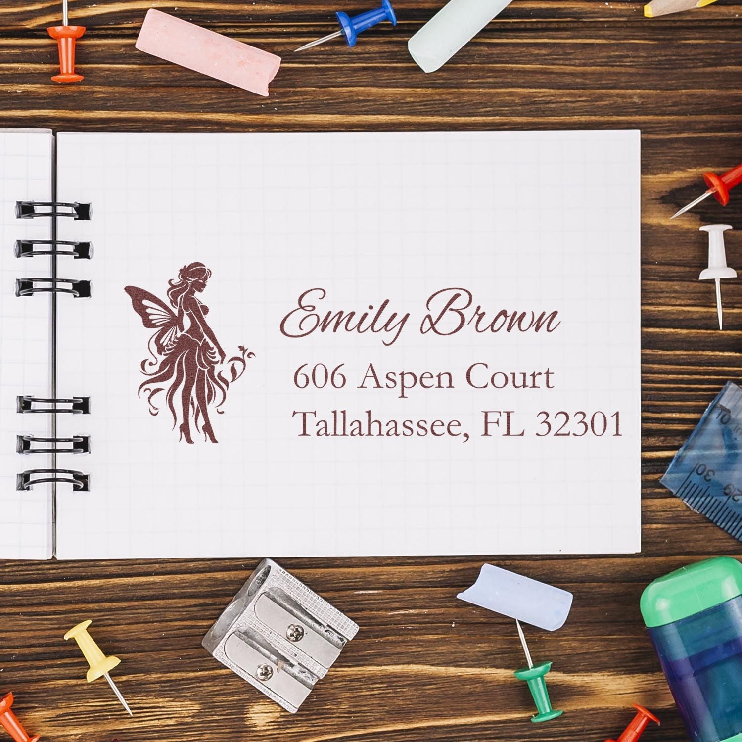 Personalized fairy return address rubber stamp for envelopes, featuring Emily Brown name and Tallahassee address.