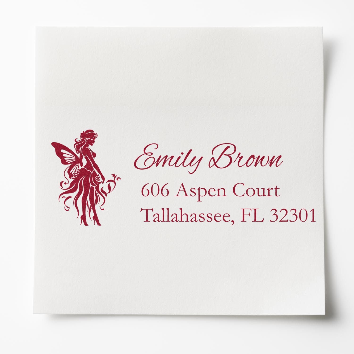 Custom rubber address stamp with fairy design for Emily Brown, Tallahassee FL home and mailing labels