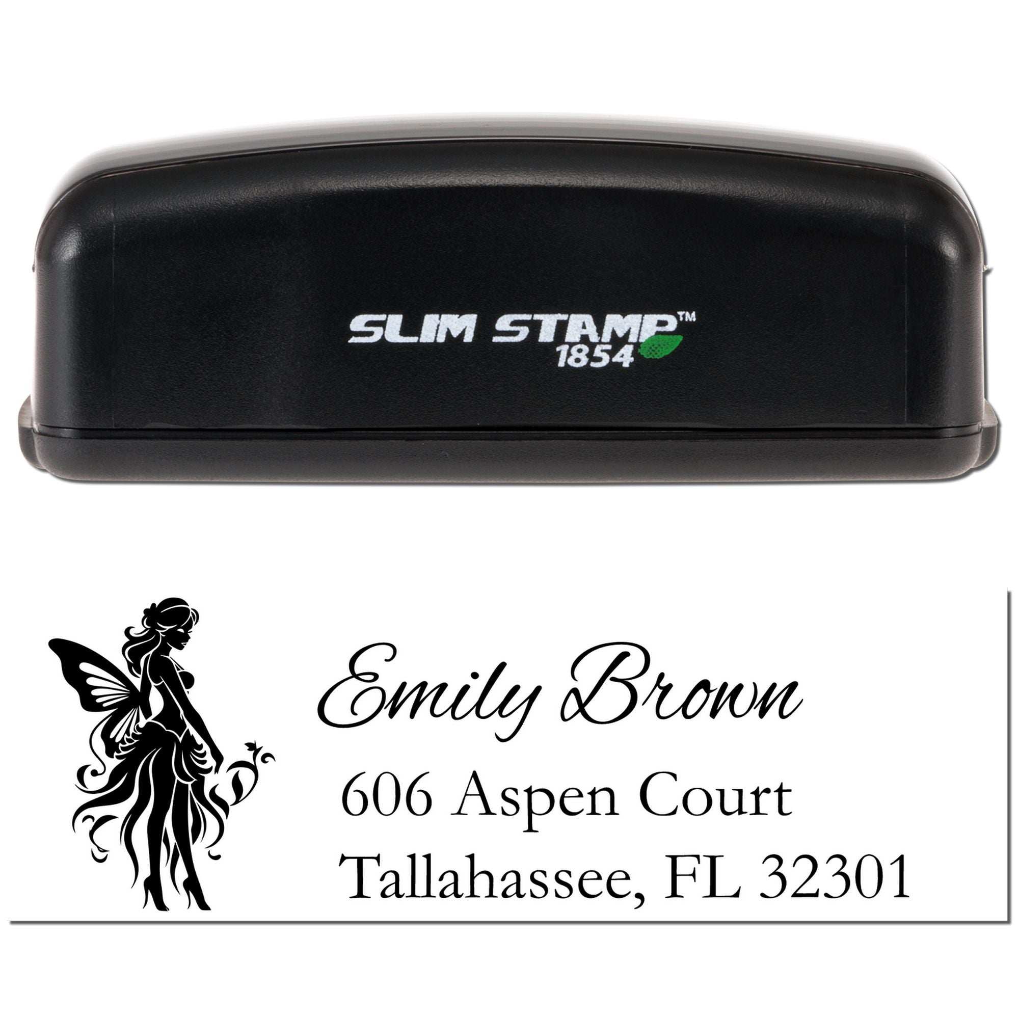 Custom self-inking rubber address stamp with fairy design and Slim Stamp 1854 case for personalized return address labels.