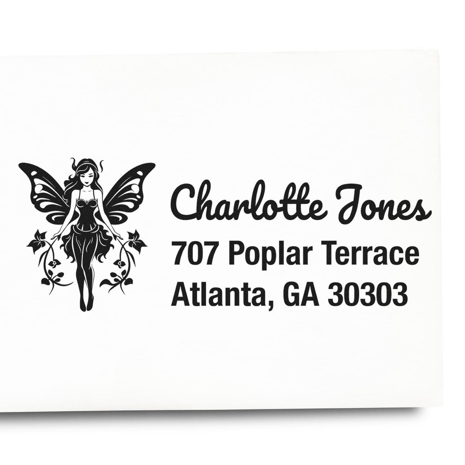 Custom fairy address rubber stamp with Charlotte Jones and Atlanta, GA 30303 for personalized mailing.