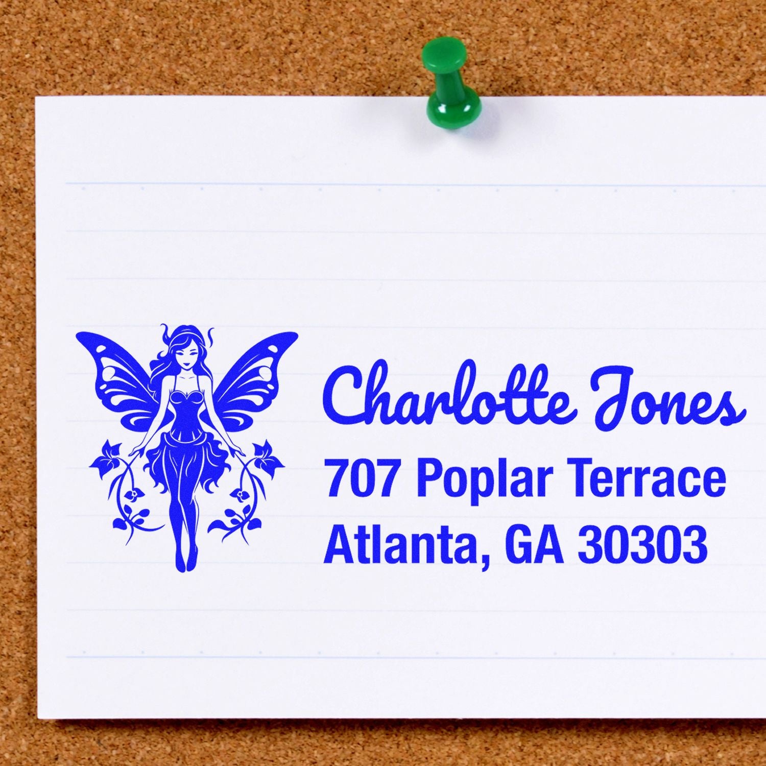 Blue custom fairy return address rubber stamp for Charlotte Jones, 707 Poplar Terrace, Atlanta, GA 30303