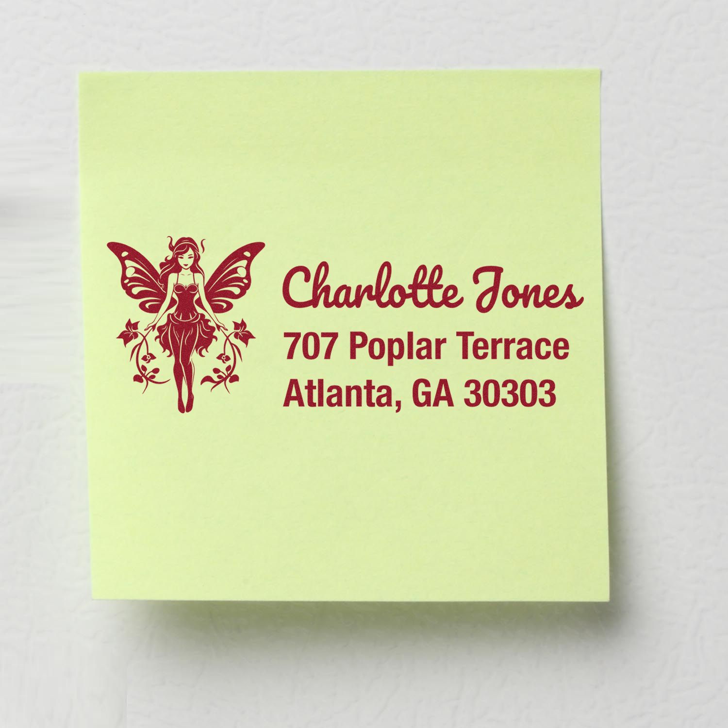 Custom fairy rubber stamp with Charlotte Jones name and Atlanta, GA address on note.