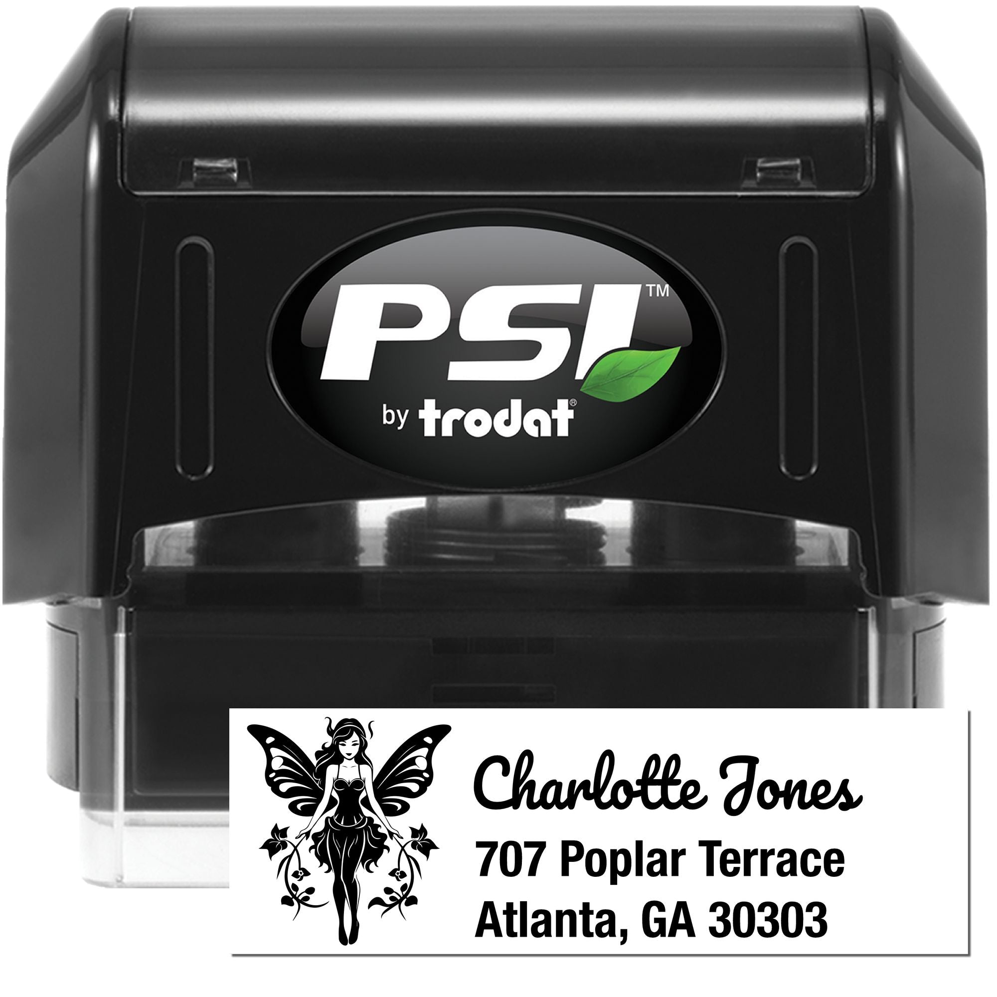 PSI by Trodat self-inking custom address rubber stamp with fairy design for Charlotte Jones, Atlanta GA