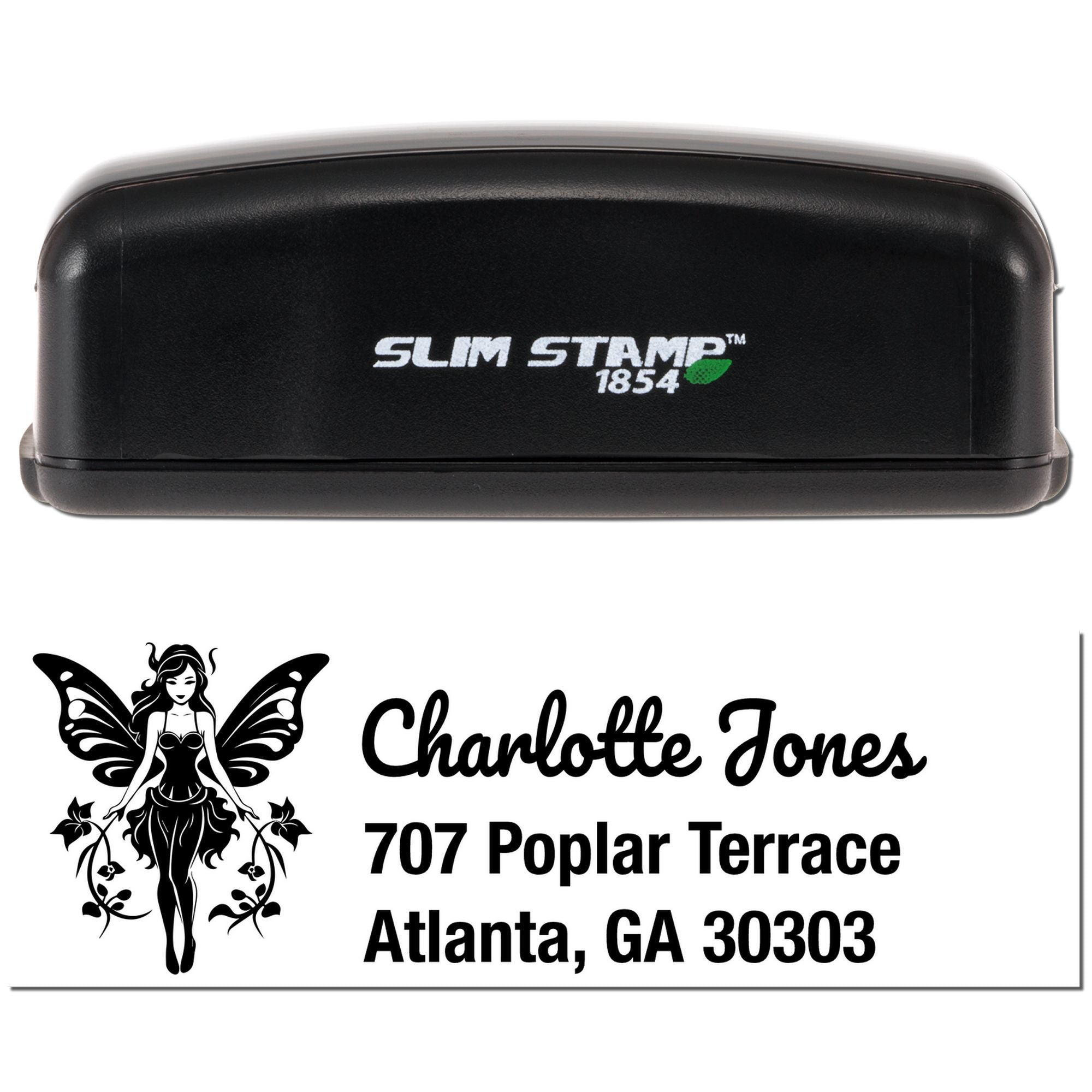 Custom fairy address rubber stamp with Slim Stamp 1854 self-inking case and sample return address for Charlotte Jones.
