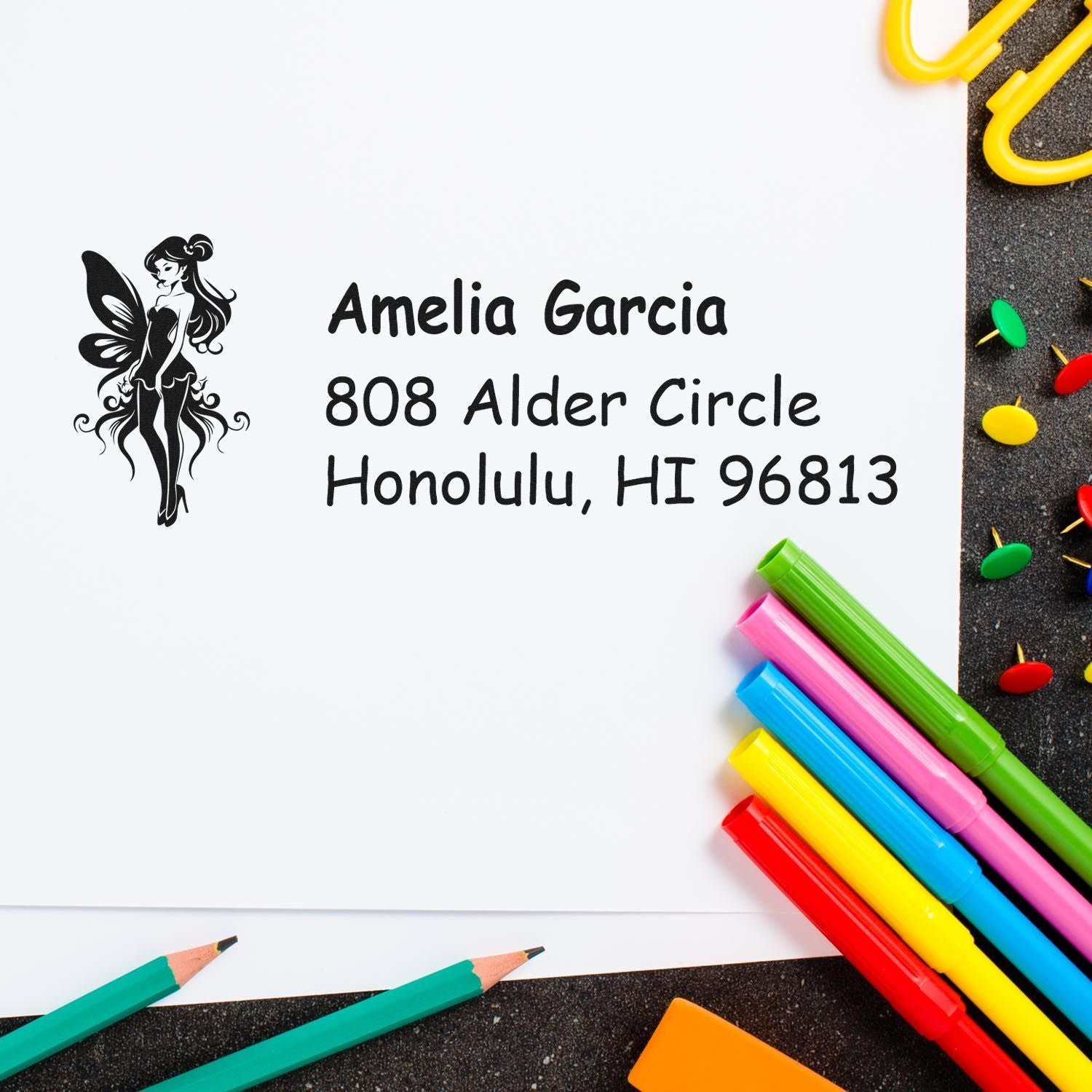 Personalized return address rubber stamp with fairy design for Amelia Garcia, Honolulu, HI 96813