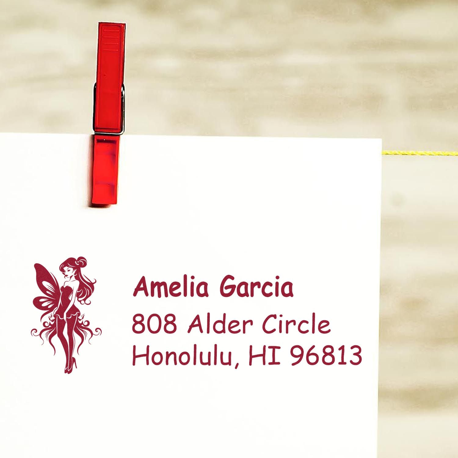 Personalized return address rubber stamp with fairy design, Amelia Garcia, 808 Alder Circle, Honolulu, HI 96813.