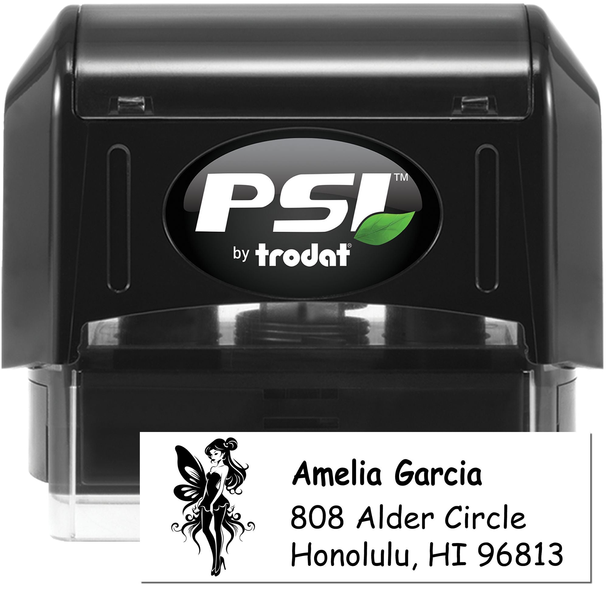 Custom self-inking PSI by Trodat rubber stamp with personalized address and name design for mailing.