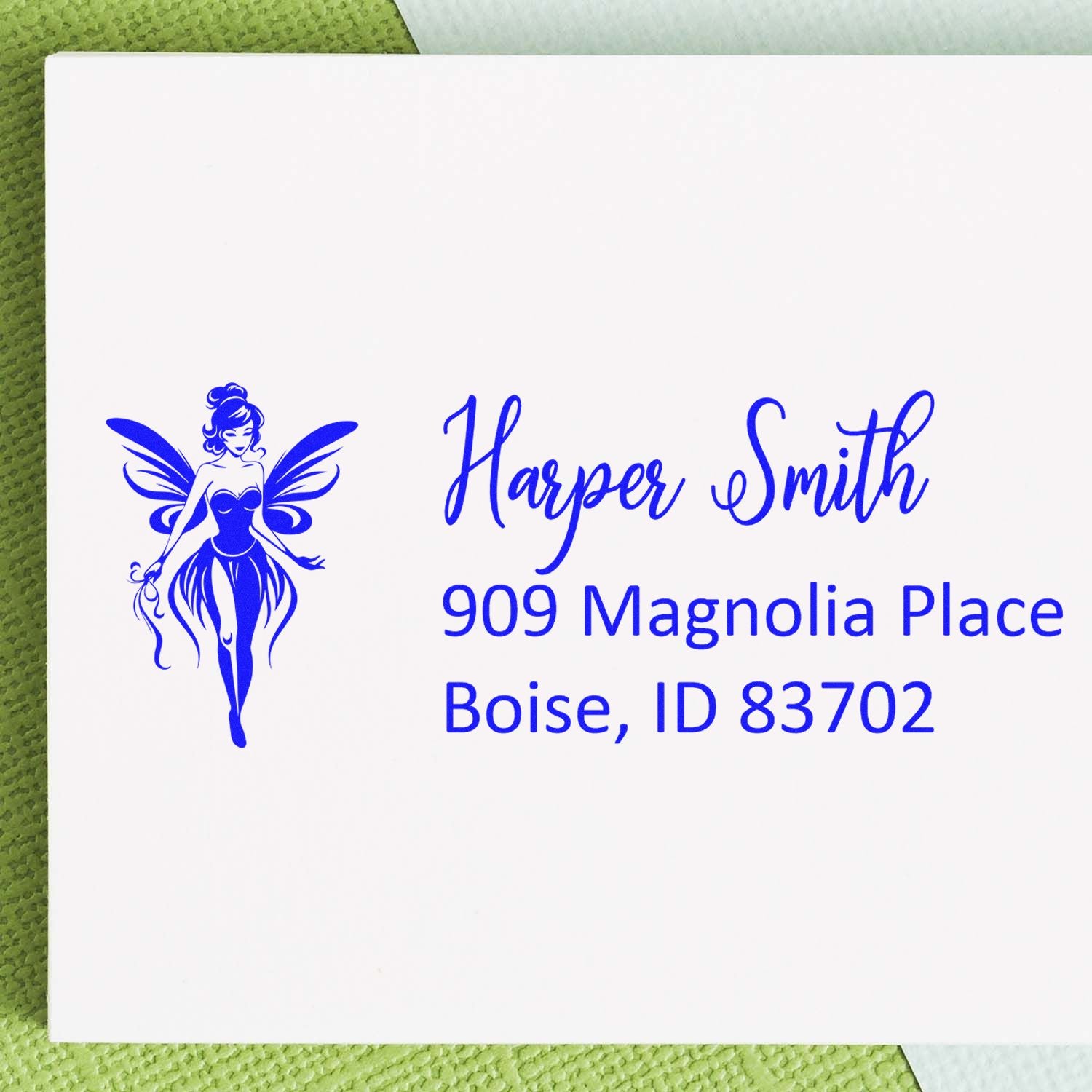 Custom fairy return address rubber stamp with Harper Smith, Boise, ID 83702 for personalized mailing.