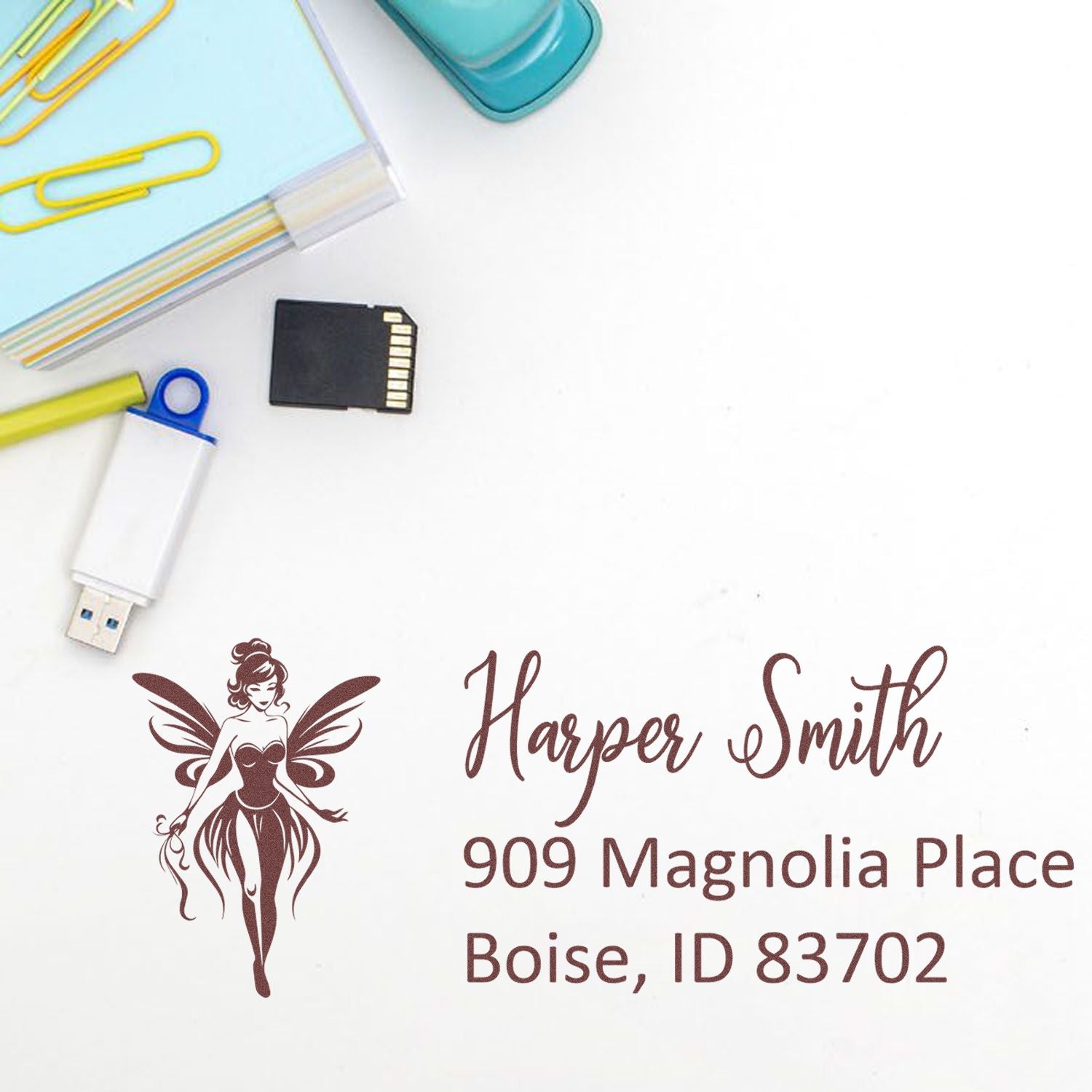 Custom return address rubber stamp with fairy design for Harper Smith, Boise, ID 83702