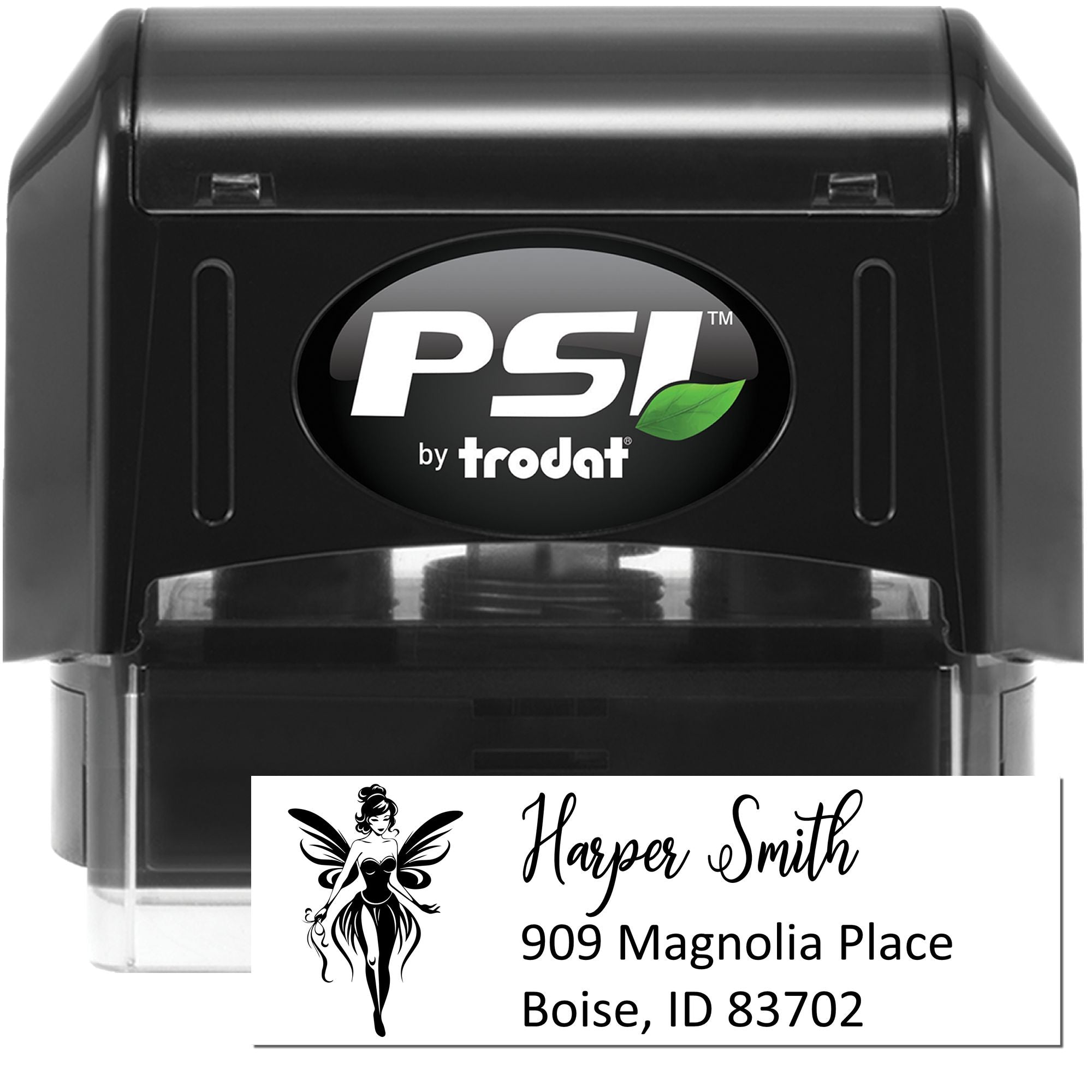 PSI by Trodat custom self-inking rubber address stamp with fairy design, Harper Smith, and Boise, ID return address.