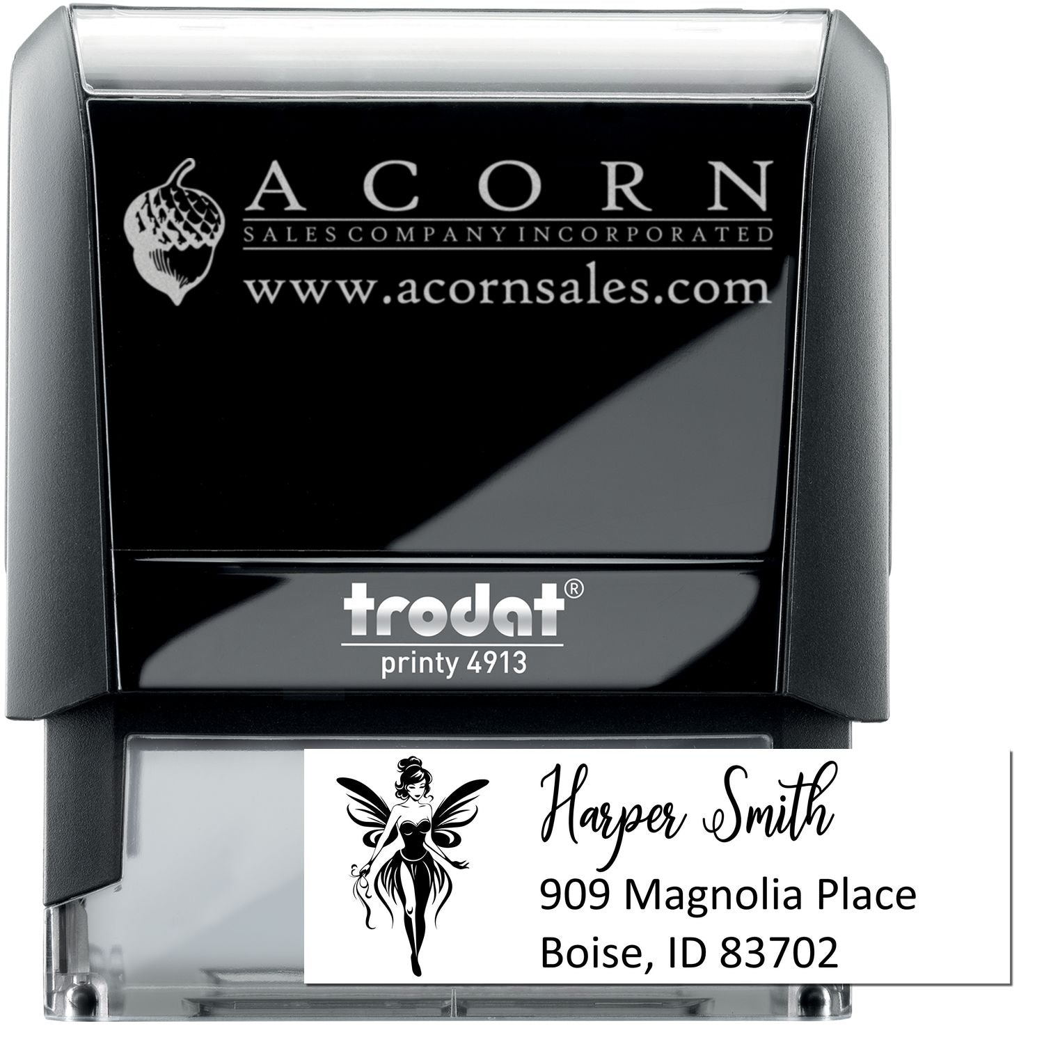 Custom Trodat Printy 4913 self-inking rubber stamp with business logo and personalized return address imprint