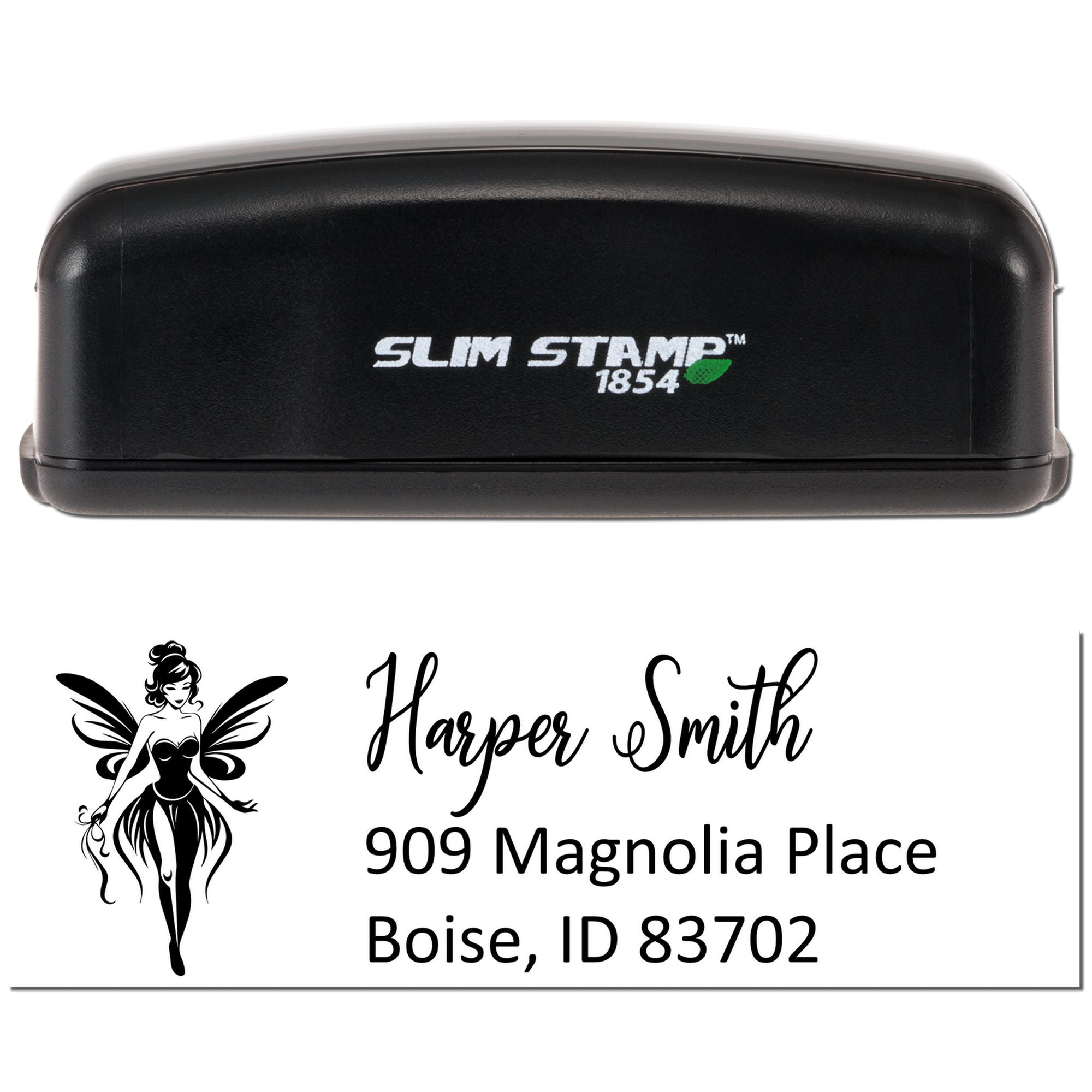 Slim Stamp 1854 custom address rubber stamp with fairy logo and Harper Smith mailing details for personalized envelopes.