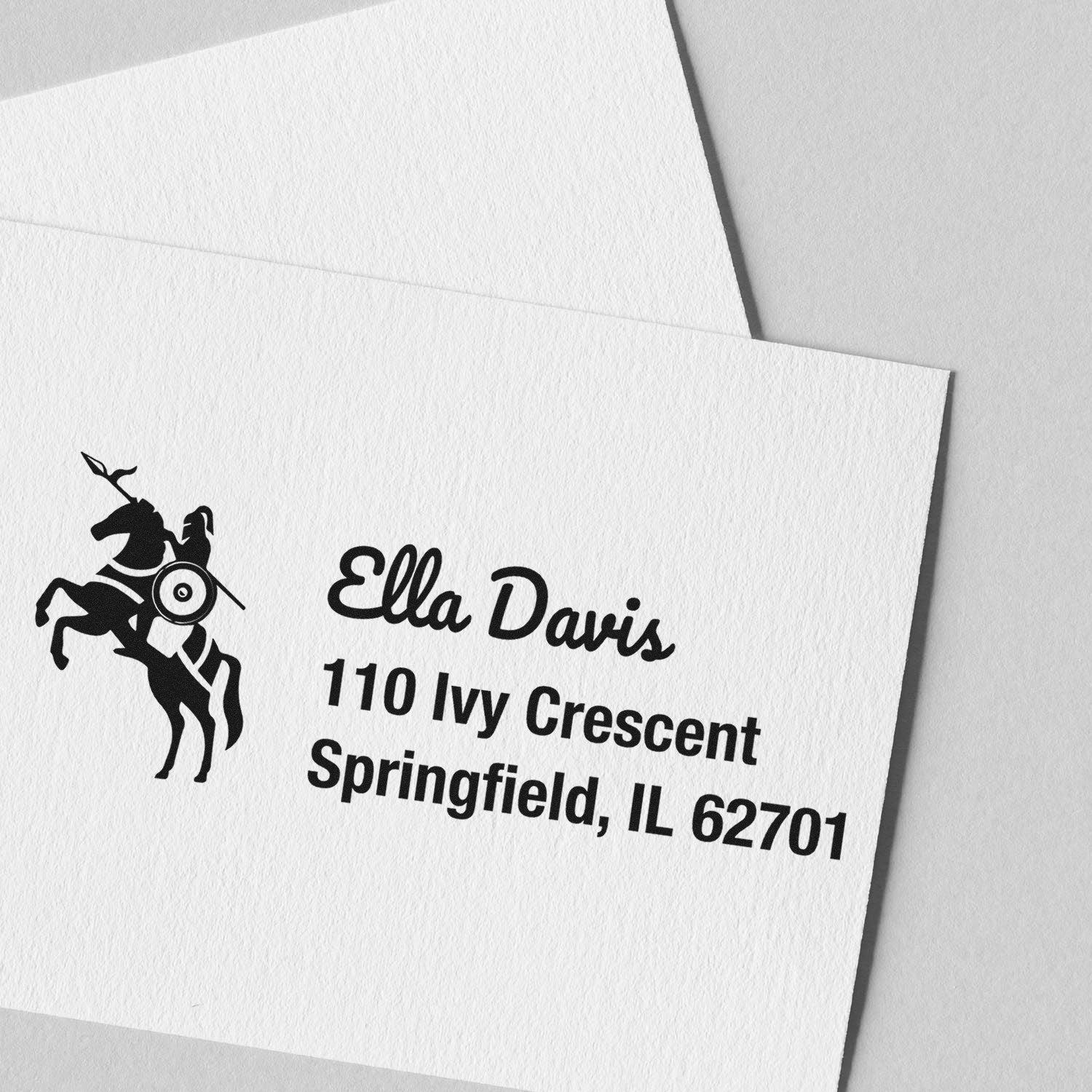 Custom return address rubber stamp for envelopes, featuring knight logo, Ella Davis, Springfield, IL 62701.