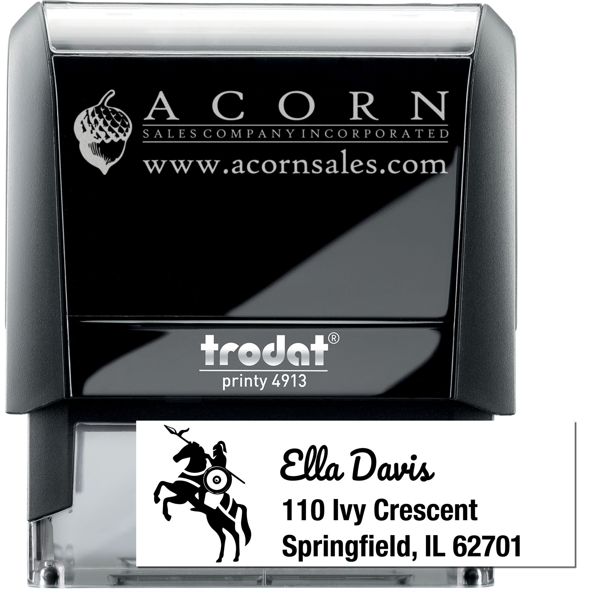 Trodat Printy 4913 custom self-inking rubber stamp with logo and address for business use