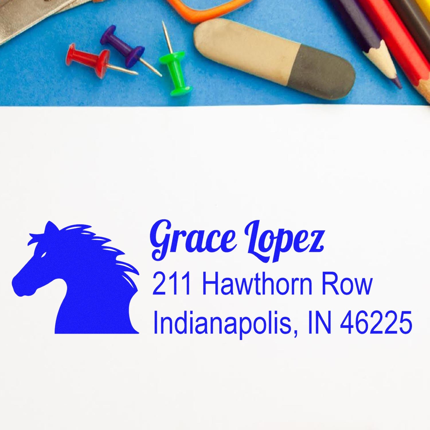 Custom horse address rubber stamp with name and Indianapolis address, shown with craft supplies for personalized stationery.