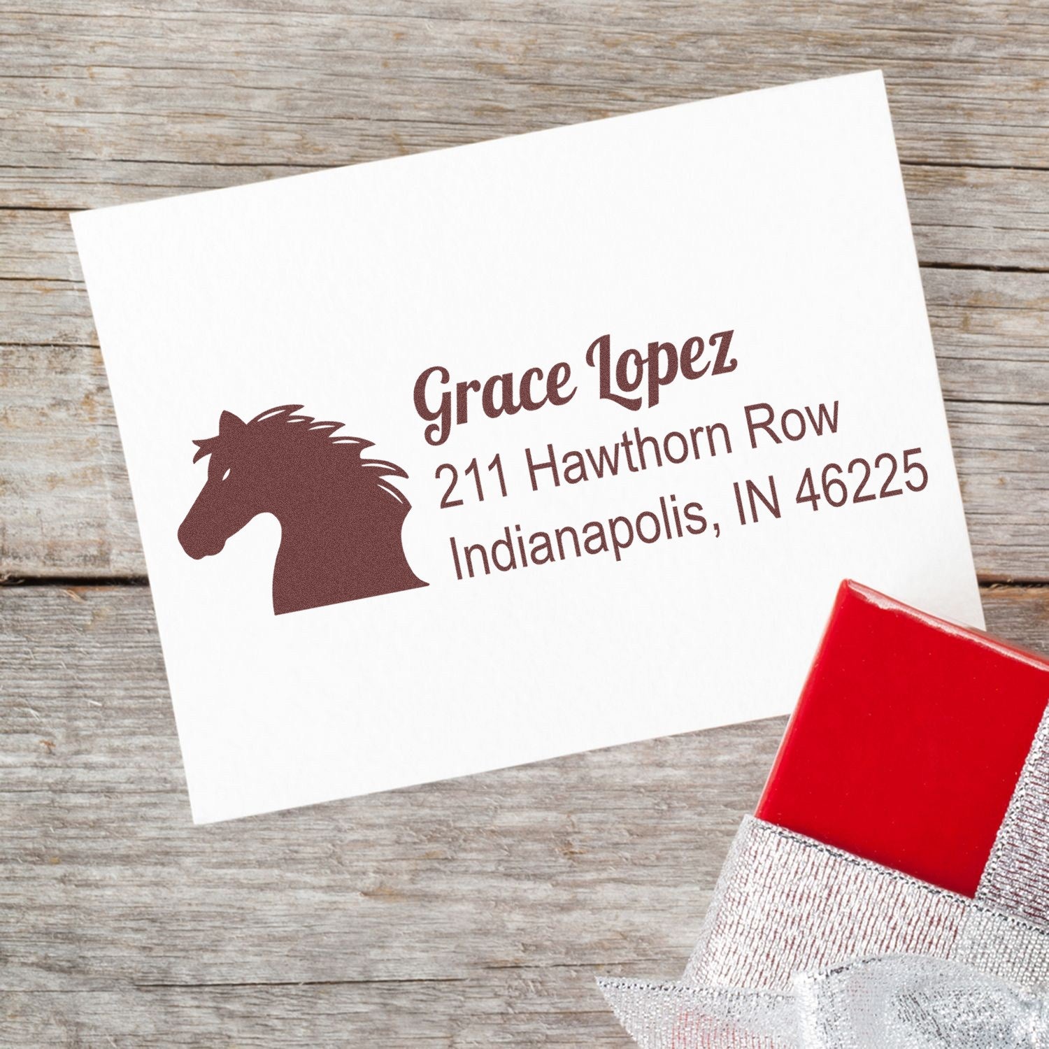 Personalized horse address rubber stamp for mailing, showing Grace Lopez name and Indianapolis return address.