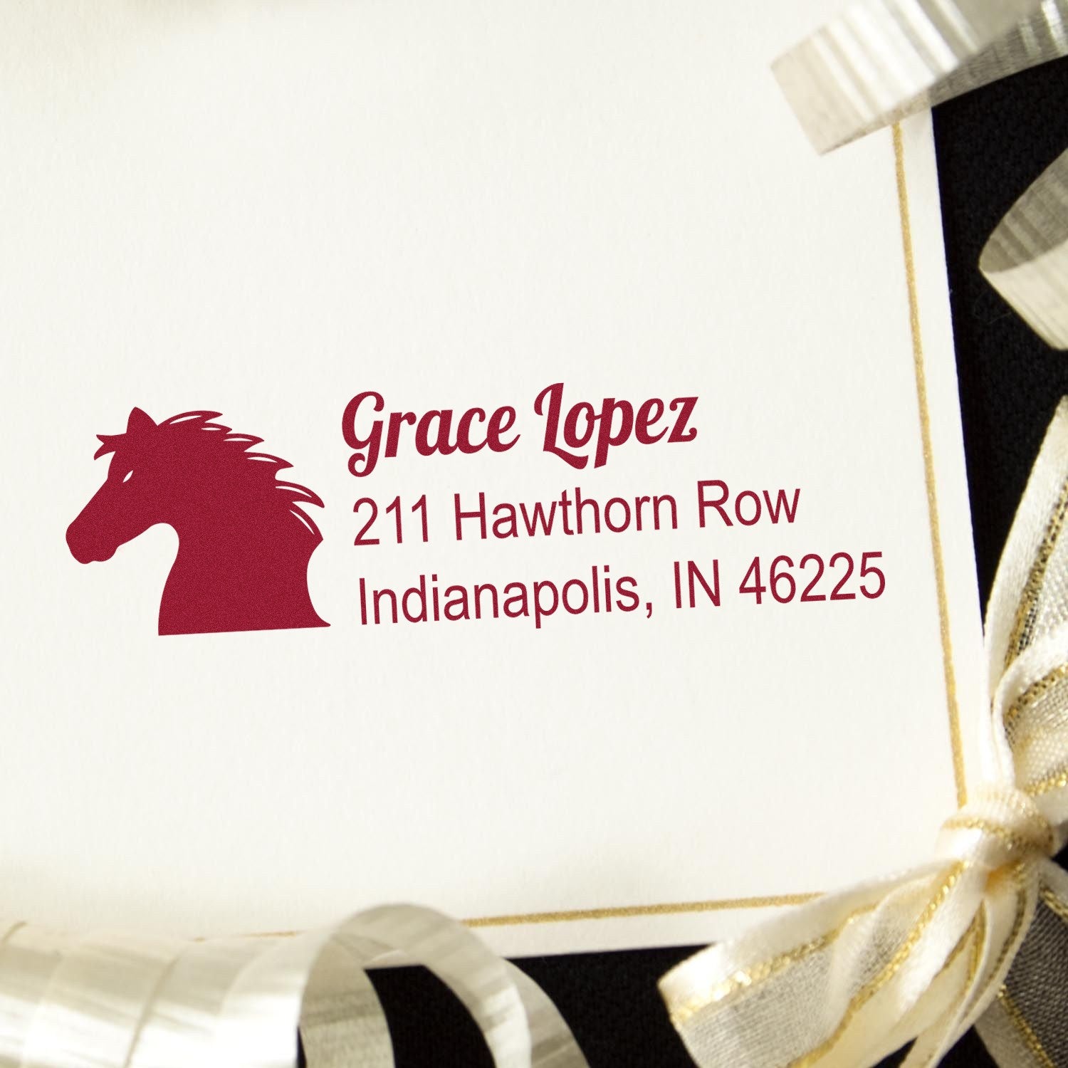 Custom horse return address rubber stamp for Grace Lopez, Indianapolis, IN 46225.