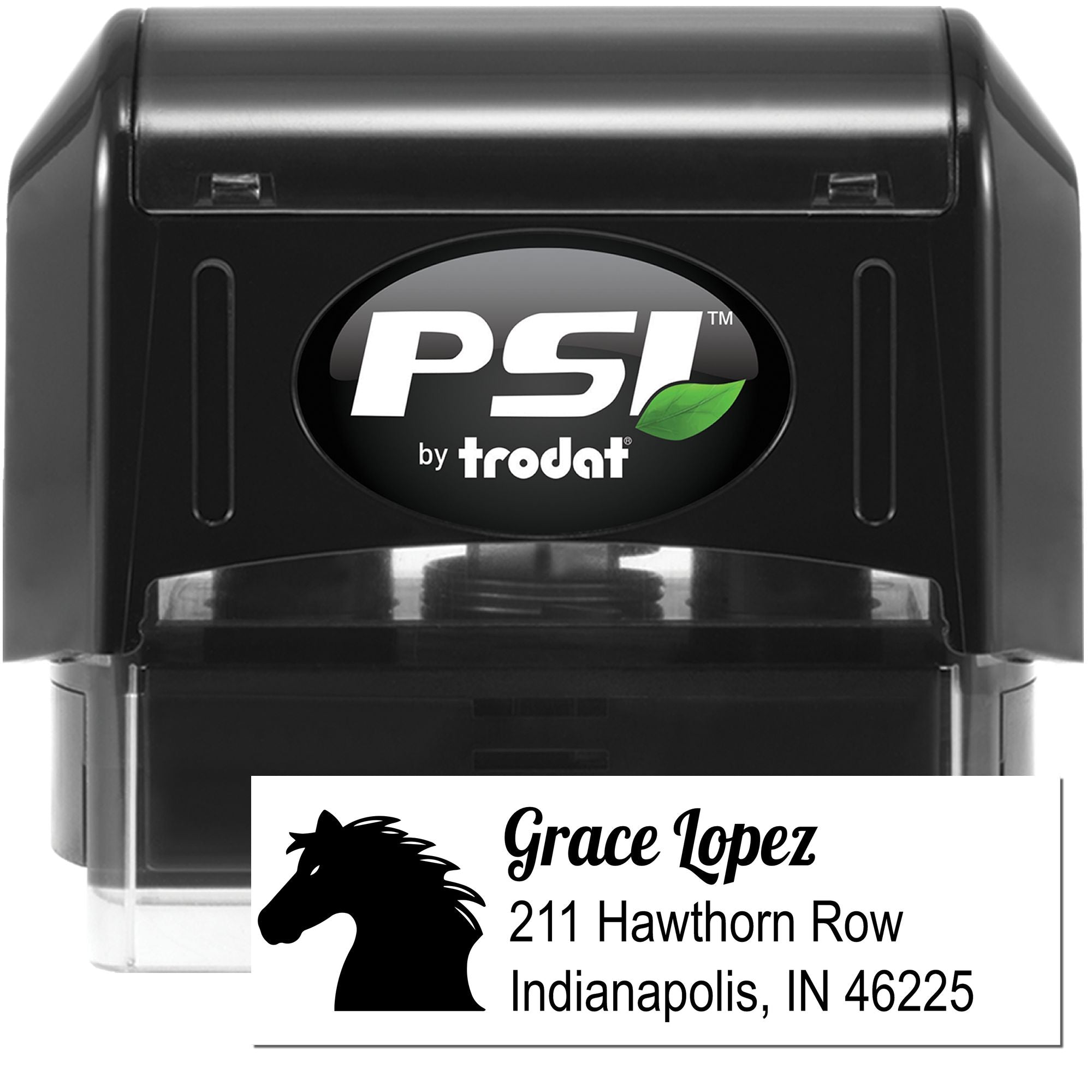 PSI by Trodat self-inking rubber stamp with custom horse address design for personalized mailing.