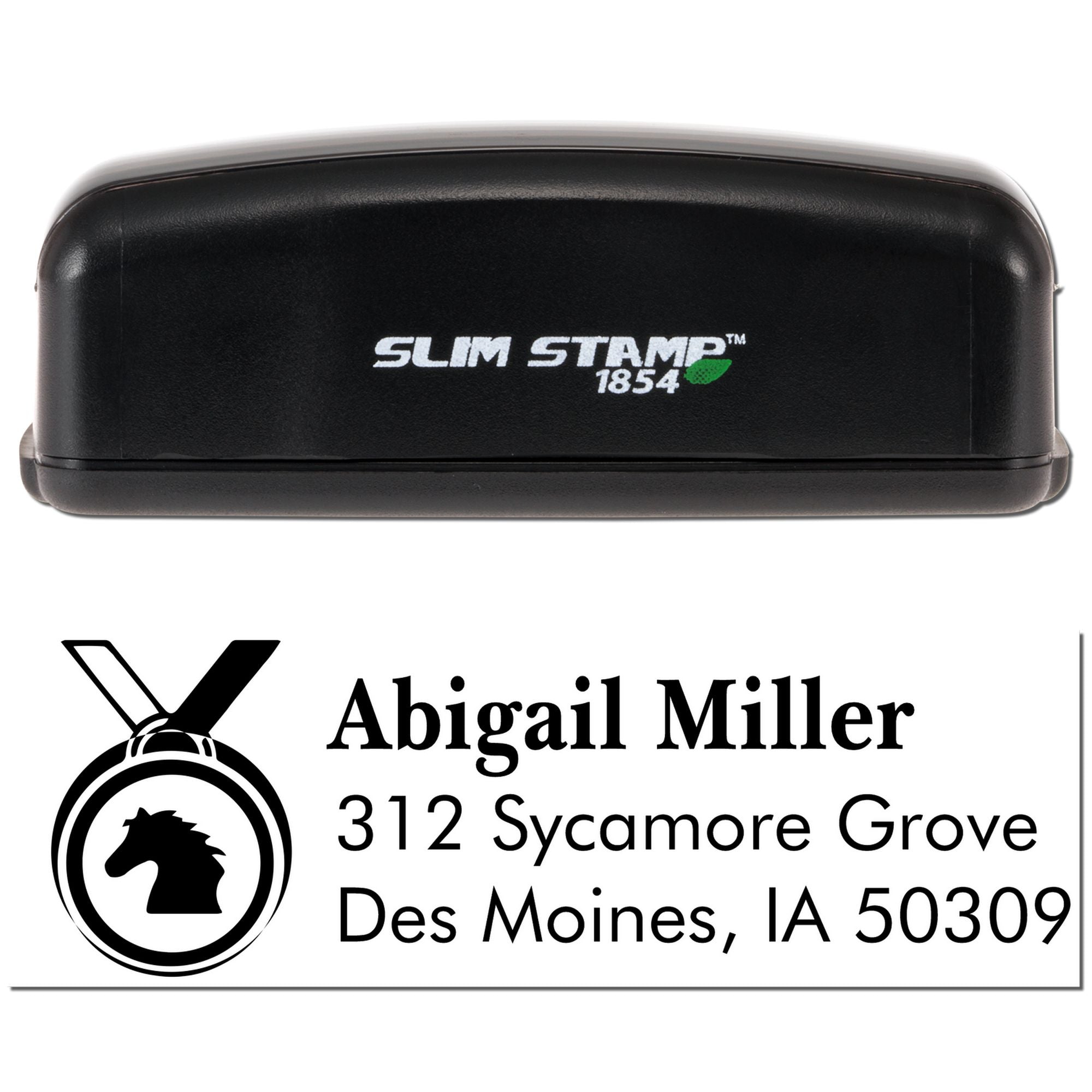 Slim Stamp 1854 self-inking custom address rubber stamp with horse logo for Abigail Miller, Des Moines, IA.