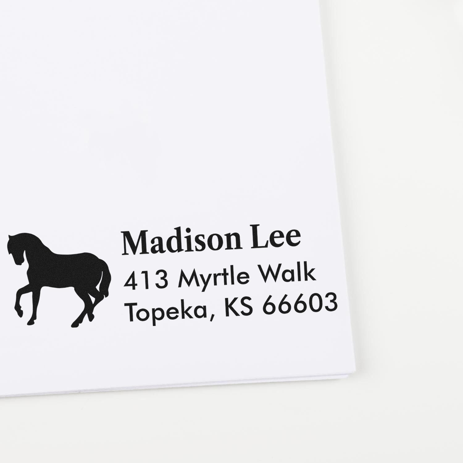Custom horse address rubber stamp with Madison Lee, 413 Myrtle Walk, Topeka, KS 66603.