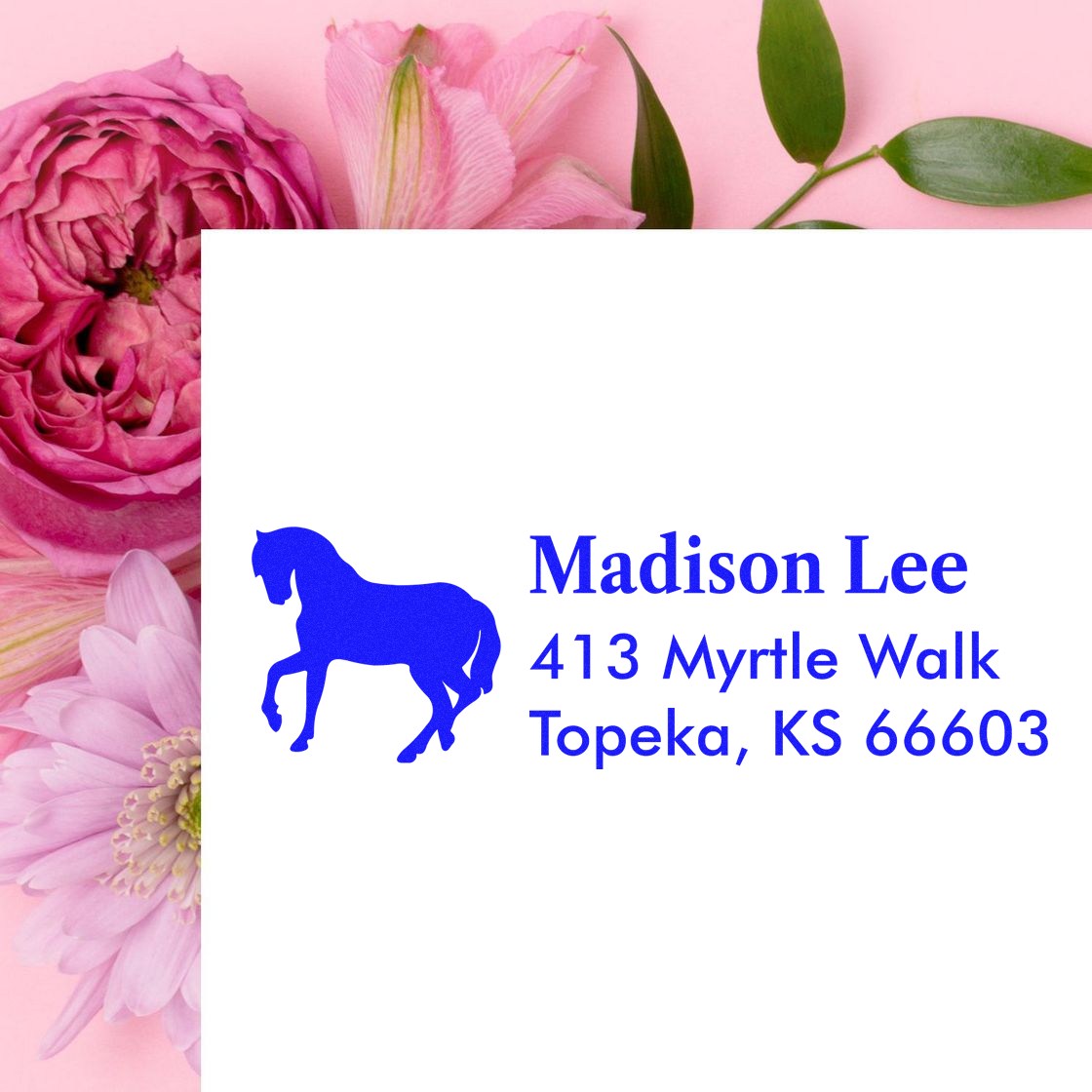 Personalized horse return address rubber stamp for Madison Lee, 413 Myrtle Walk, Topeka, KS 66603