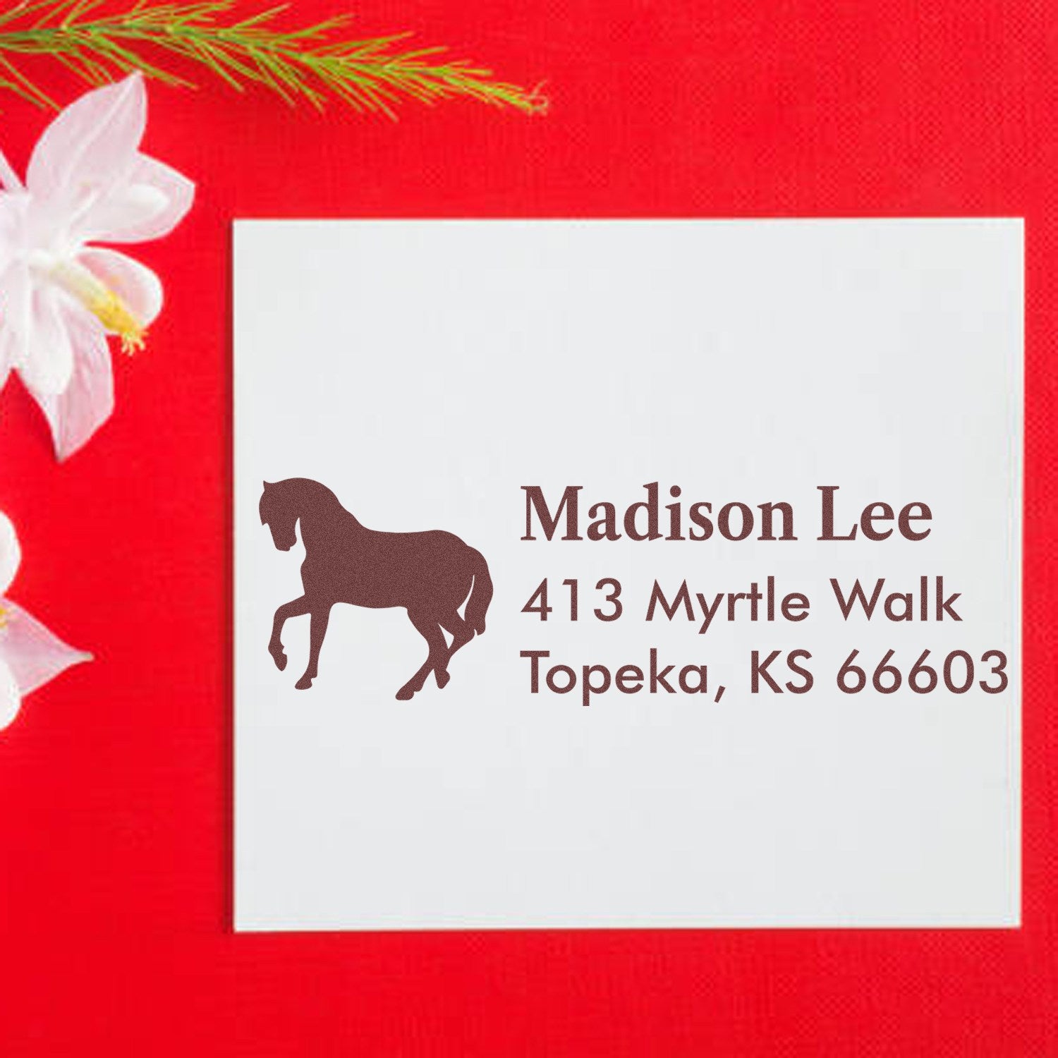 Custom horse silhouette rubber stamp with personalized name and address for mailing envelopes and labels.