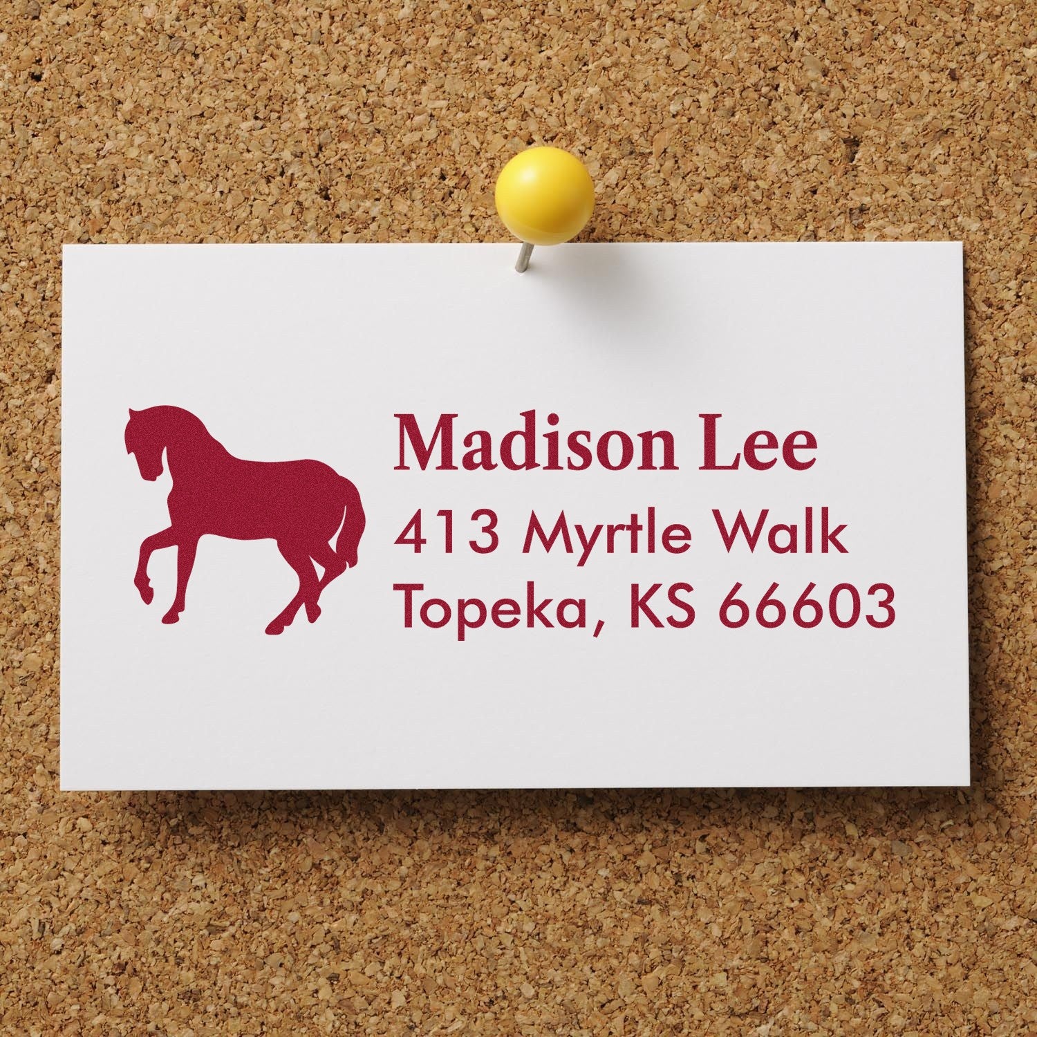 Custom horse return address rubber stamp for Madison Lee, Topeka, KS.