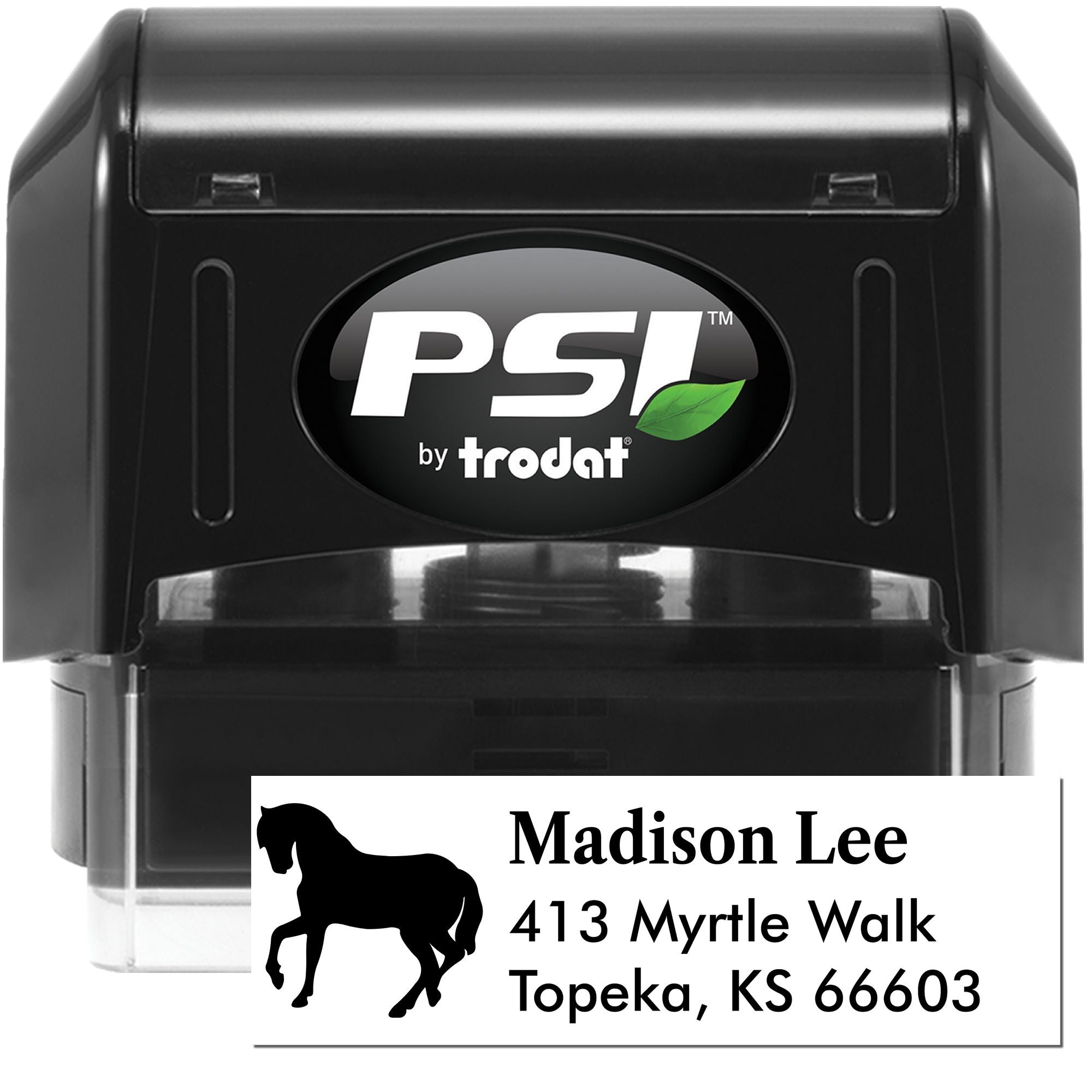 PSI by Trodat self-inking rubber stamp with custom horse address design for personalized mailing and return labels