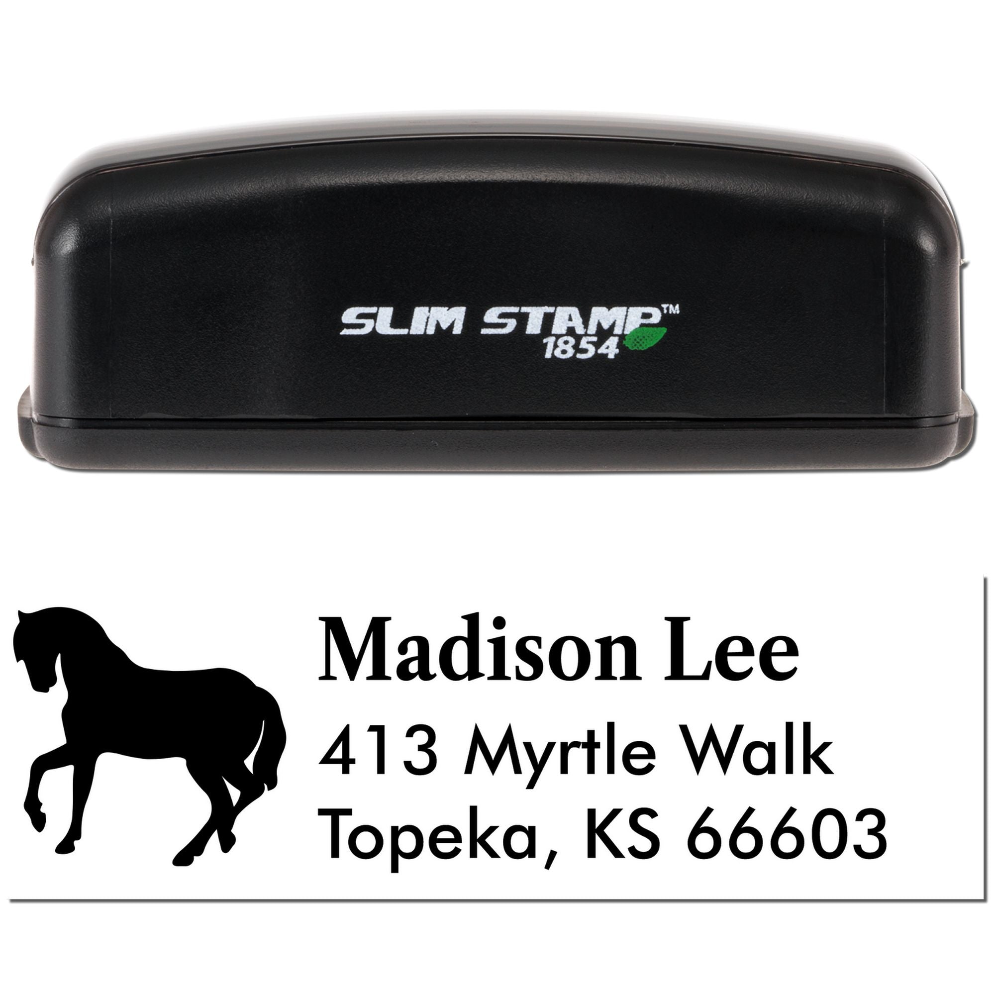 Compact Slim Stamp 1854 custom address rubber stamp with horse silhouette for Madison Lee, Topeka, KS 66603.