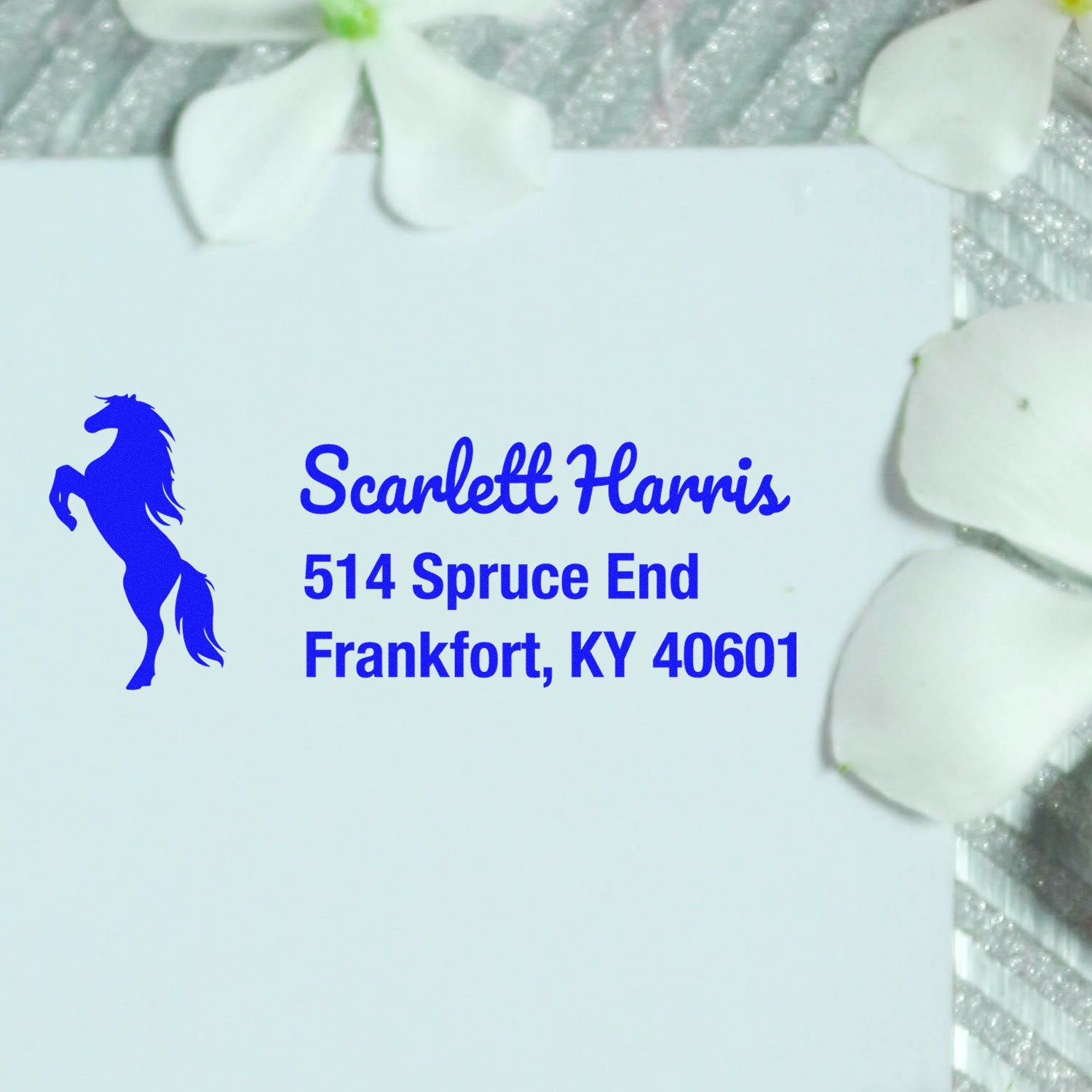 Personalized return address rubber stamp with horse logo for Scarlett Harris, Frankfort, KY 40601.