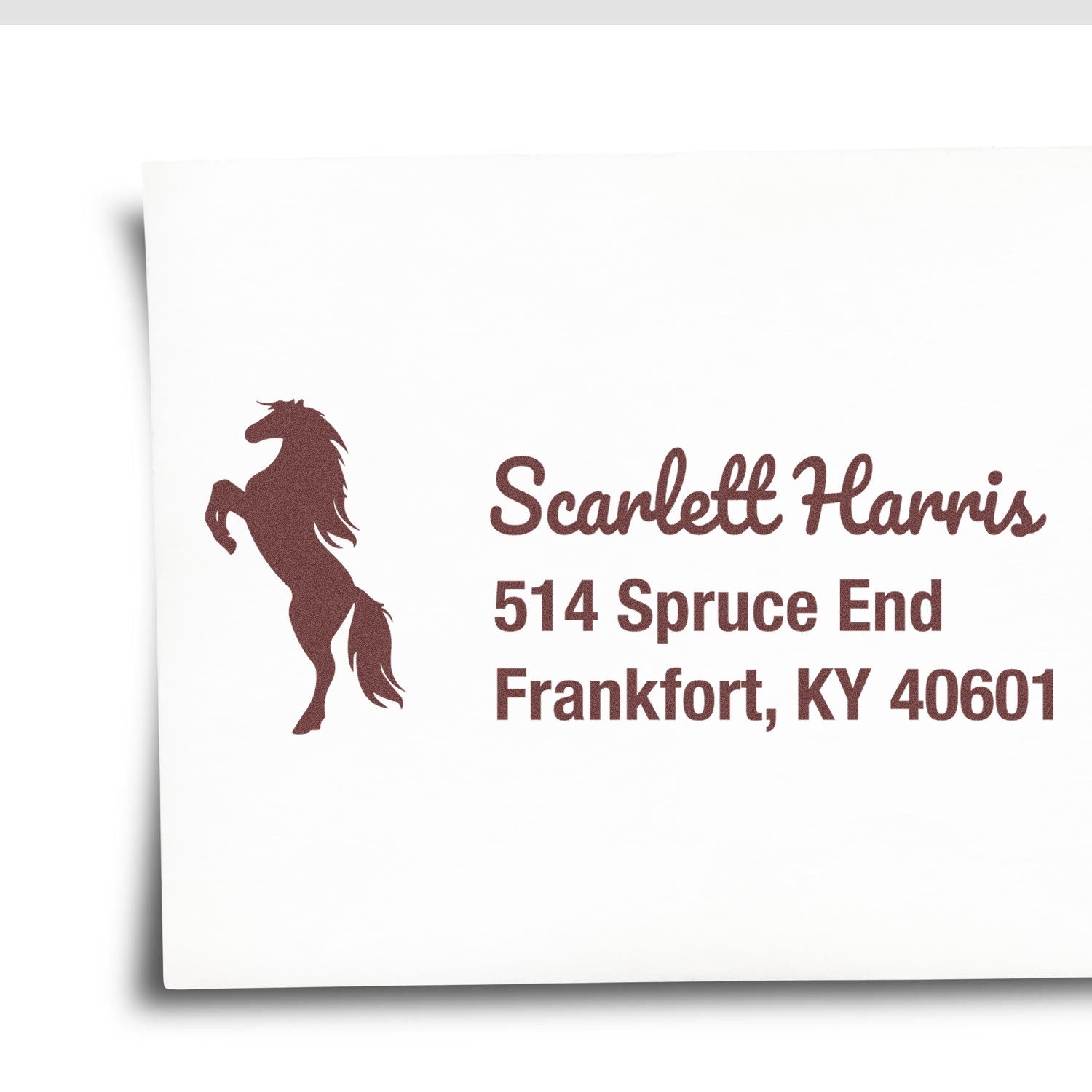 Custom horse logo address rubber stamp for Scarlett Harris, 514 Spruce End, Frankfort, KY 40601