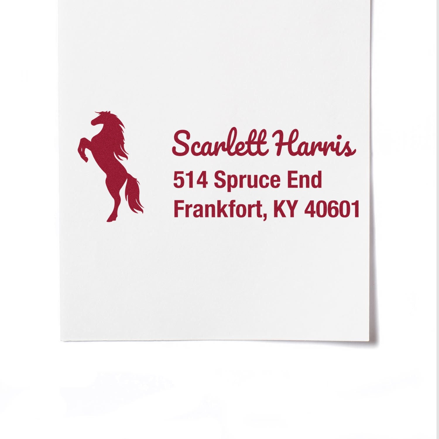 Custom horse silhouette address rubber stamp for Scarlett Harris, 514 Spruce End, Frankfort, KY 40601.