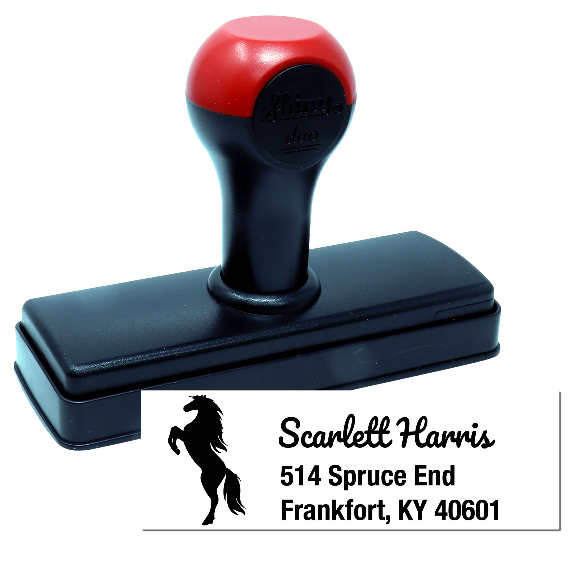 Custom self-inking address rubber stamp with horse logo, Scarlett Harris name, and Frankfort, KY mailing information.