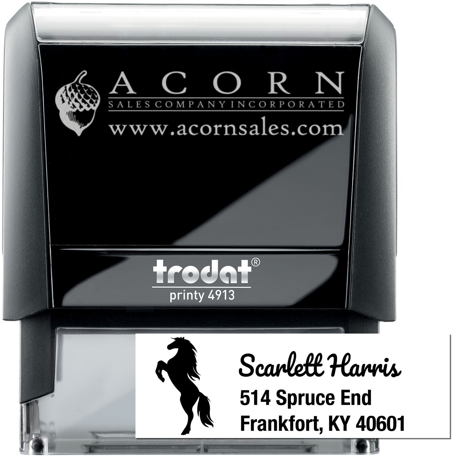 Custom Trodat Printy 4913 self-inking rubber stamp with company logo and personalized address for business mailing.