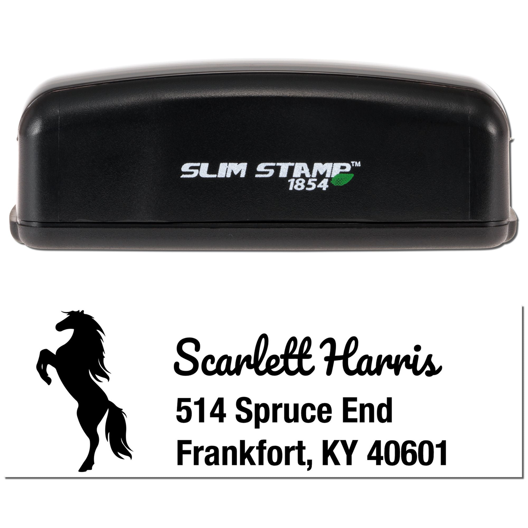 Custom self-inking rubber stamp with horse silhouette and personalized address, Slim Stamp 1854