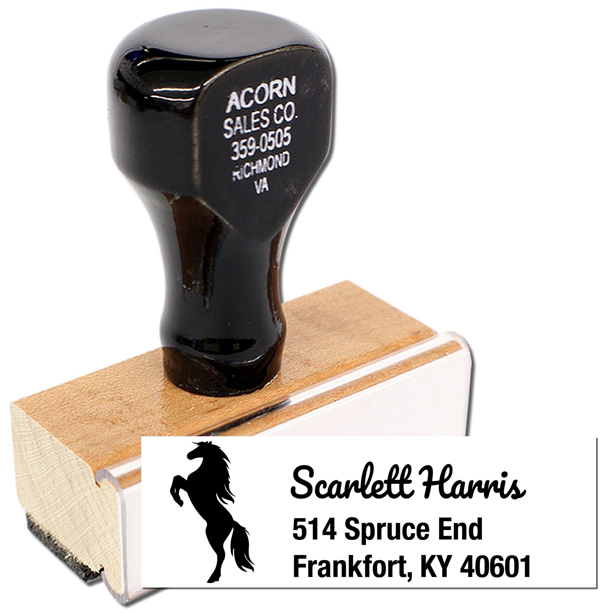 Custom horse return address rubber stamp with name and Kentucky address for personalized mailing and wedding stationery.
