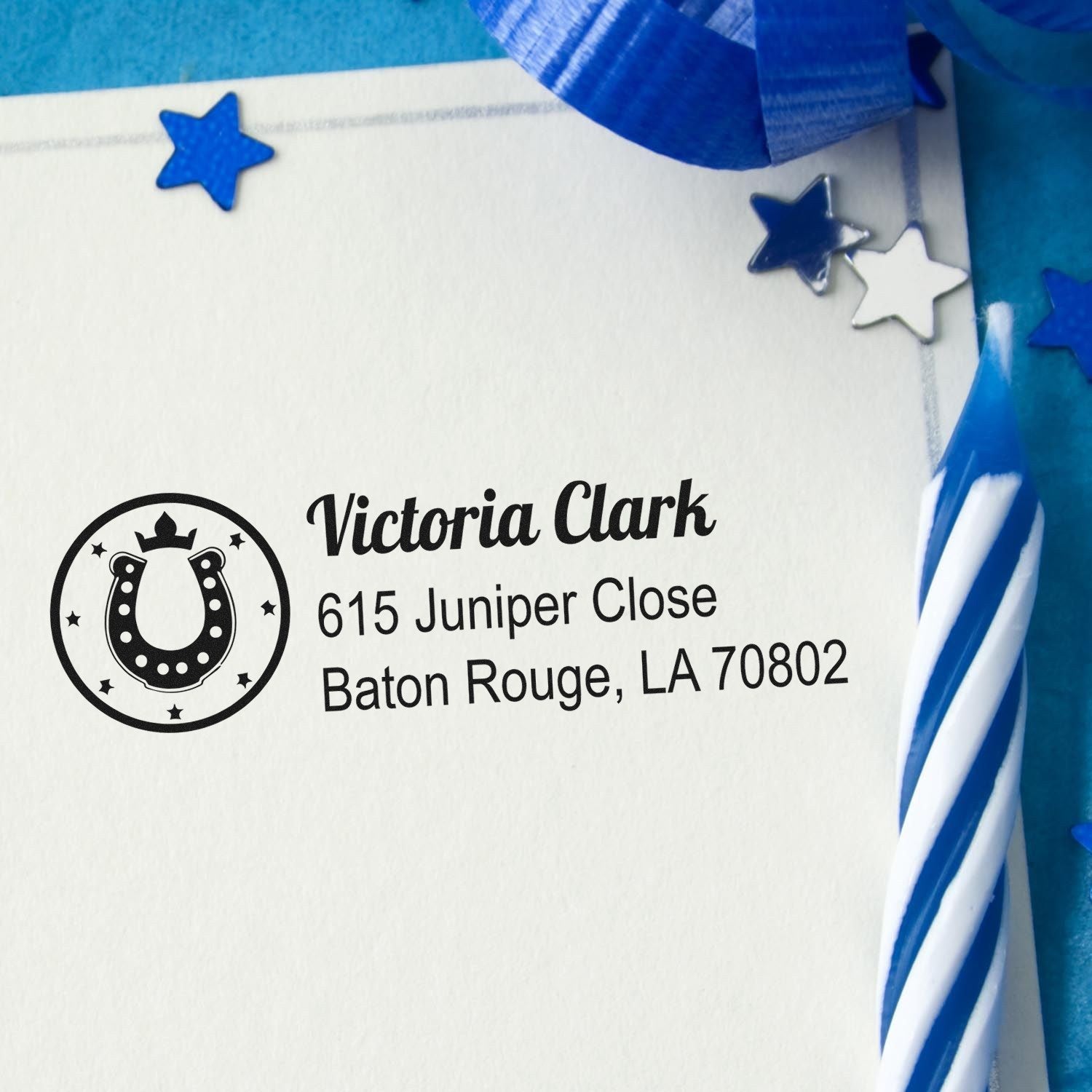 Custom horse-themed address rubber stamp for Victoria Clark, featuring Baton Rouge, LA mailing details.