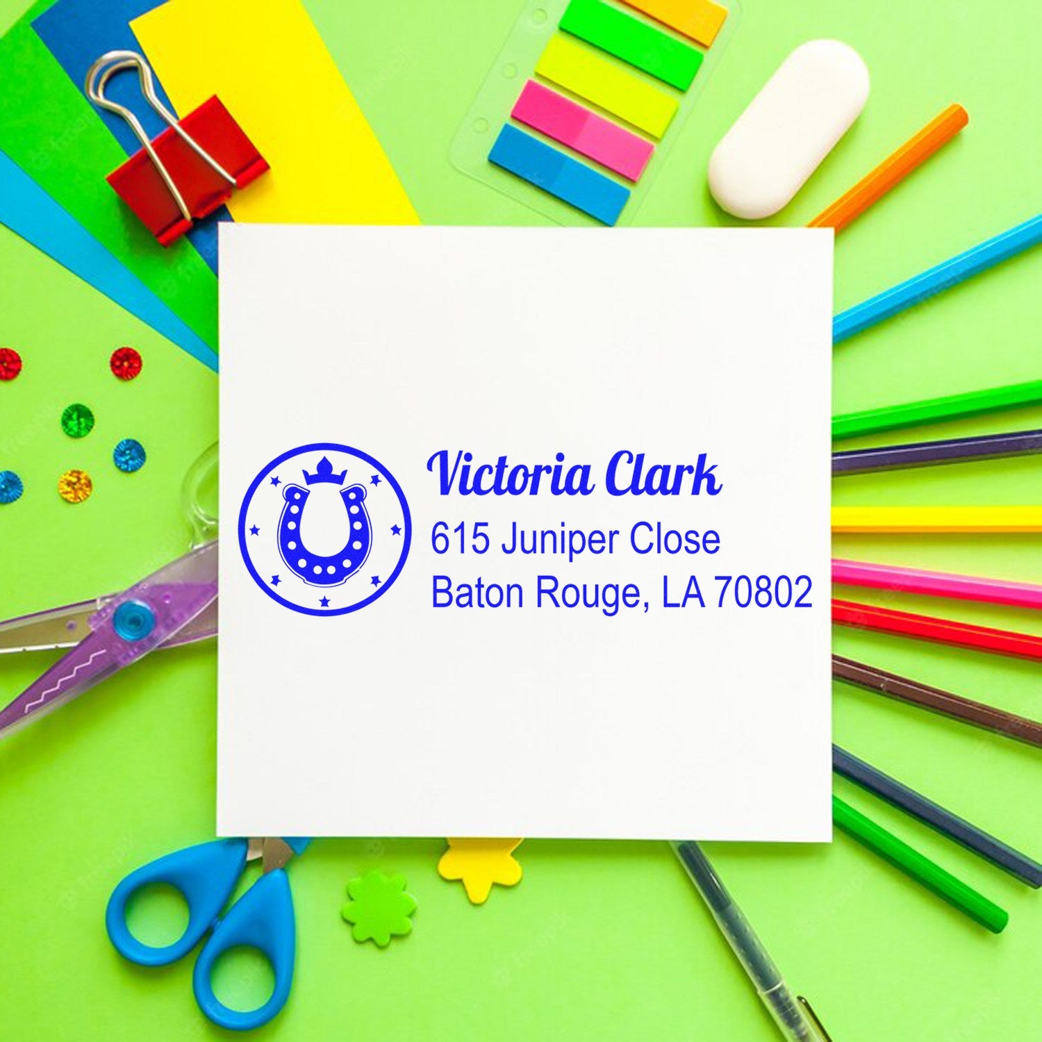 Custom personalized rubber address stamp with horseshoe monogram for Victoria Clark, Baton Rouge, Louisiana.